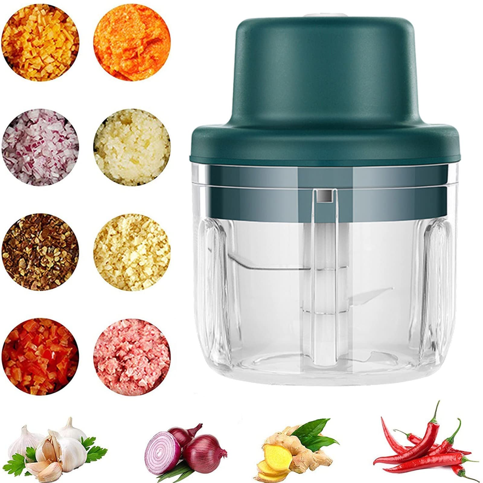 Electric Garlic Chopper & Food Processor - Mini Wireless Garlic Mincer, Onion Slicer & Pepper Grinder with Cleaning Brush - Portable Kitchen Gadget for Garlic, Ginger, Celery & Meat (Green) - Perfect for Meal Prep, Cooking & Healthy Eating
