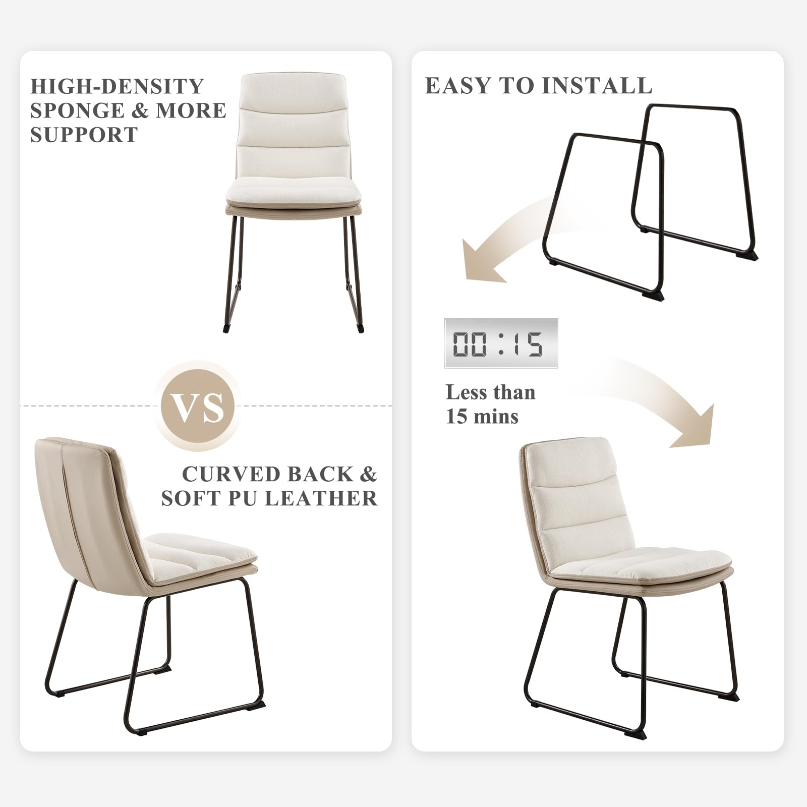 COLAMY Modern Dining Chairs Set of 2 - High Back Waffle Upholstered Kitchen Chairs with Metal Legs, Cream - Perfect for Dining Room, Kitchen, Breakfast Nook & Small Spaces