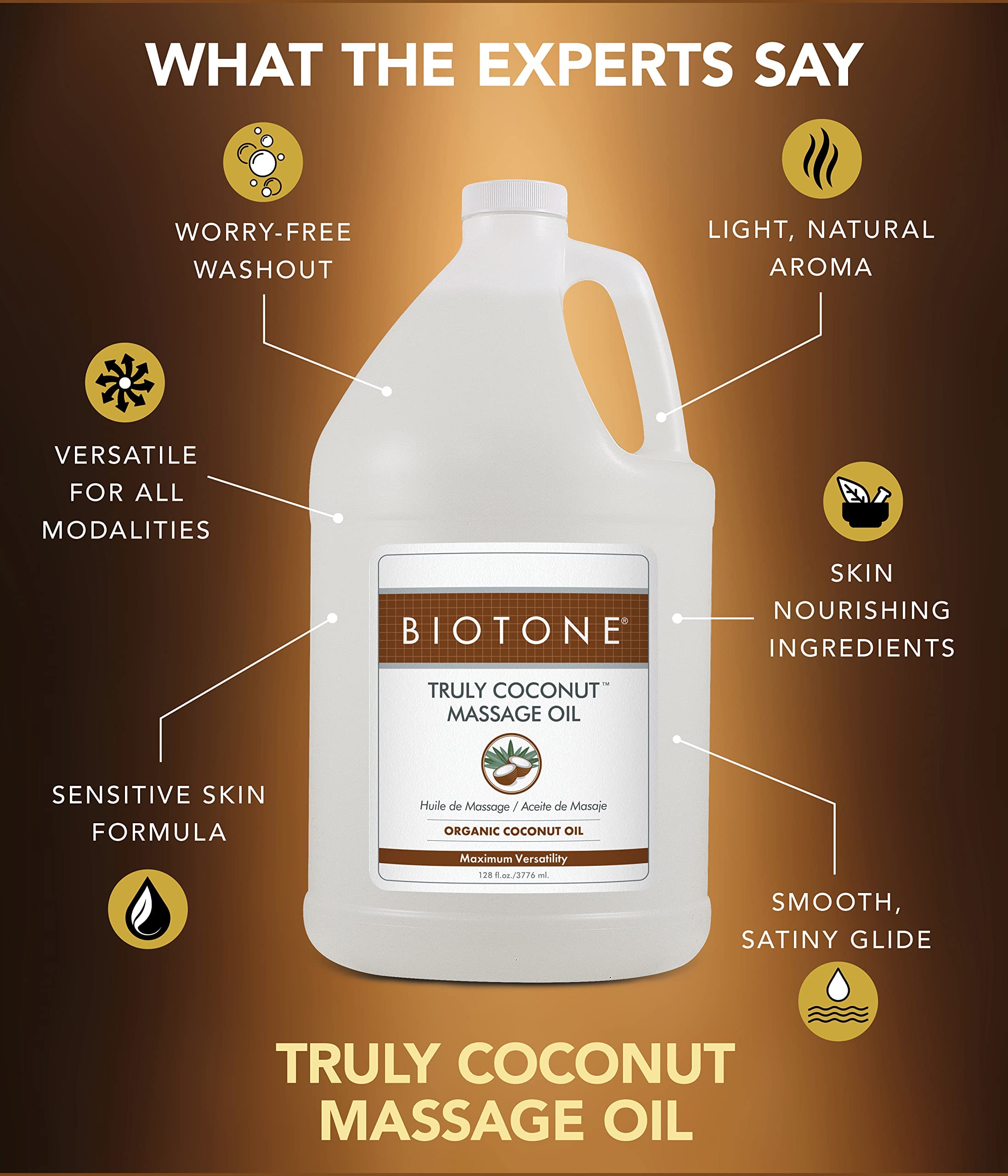 BIOTONE Truly Coconut Massage Oil with Organic Coconut Oil - Deep Relaxation & Tension Relief, Lightweight & Long-Lasting Formula for Massage Therapy, Aromatherapy & Body Care - Easy Wash-Out for Spa, Home & Professional Use