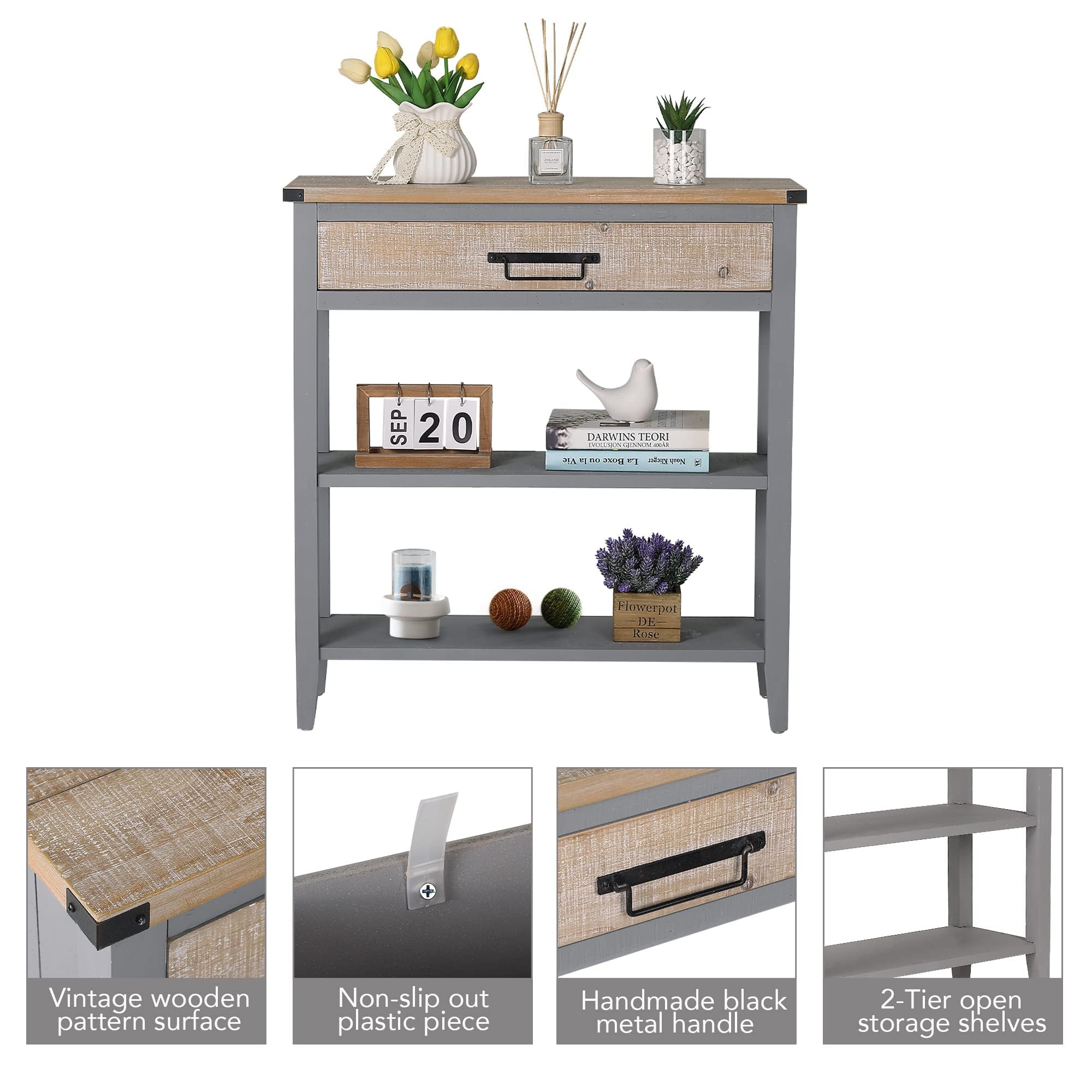 Rustic Farmhouse Console Table with Drawer - 3-Tier Entryway Table with Open Storage Shelves & Handmade Metal Handle - Narrow Sofa Table for Living Room, Hallway, Foyer - Perfect for Small Spaces & Home Decor (Grey)
