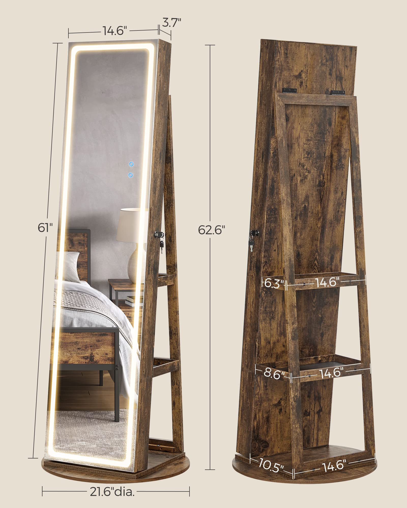 SONGMICS LED Jewelry Armoire with Full-Length Mirror - Lockable Standing Jewelry Cabinet with Adjustable Lighting, Rustic Brown UJJC008X01 - Perfect for Bedroom, Closet & Gift Giving