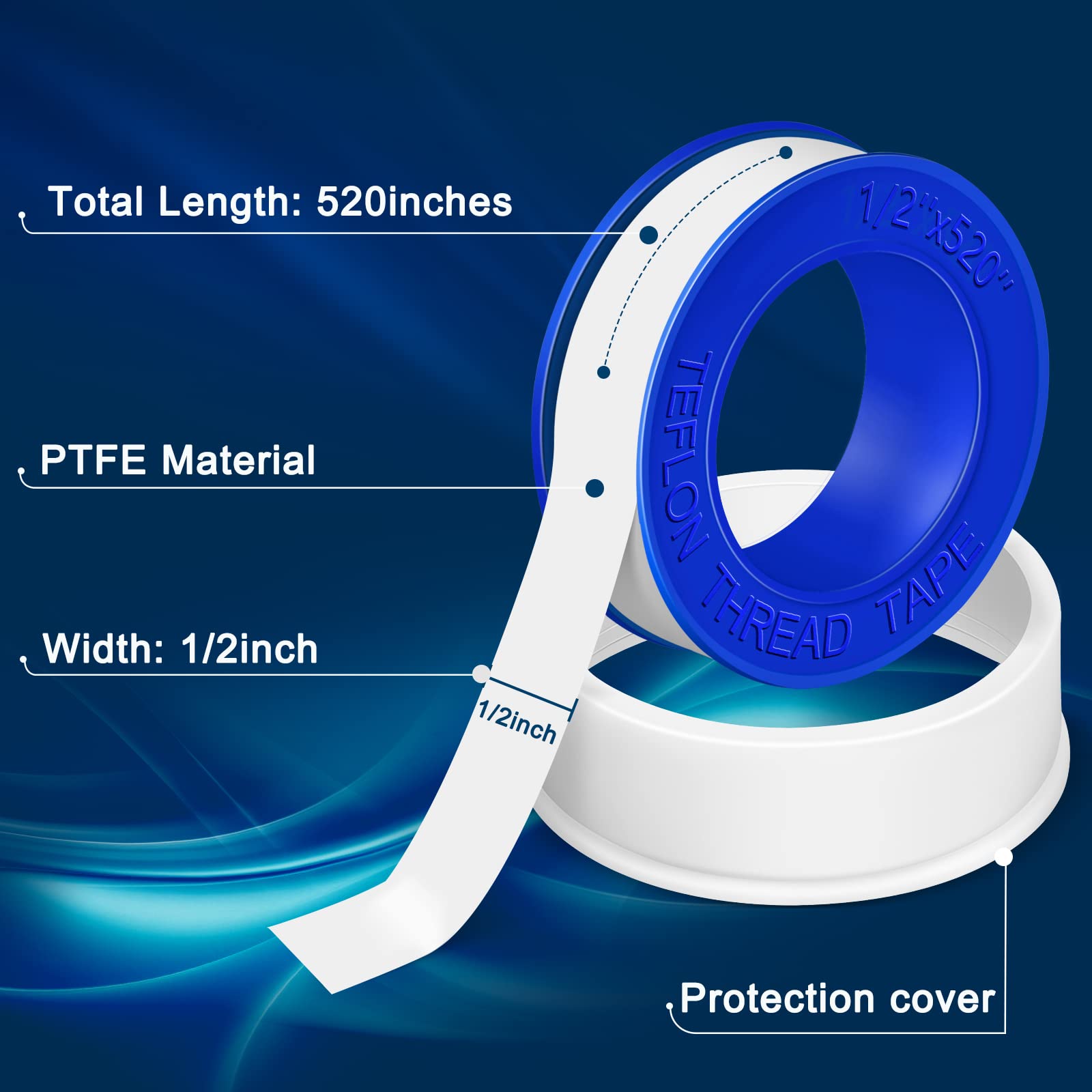 2 Rolls High-Quality Teflon Tape 1/2 Inch x 520 Inches - PTFE Plumber's Thread Seal Tape for Leak-Proof Pipe Connections - Perfect for Shower Heads, Faucets & Plumbing Repairs