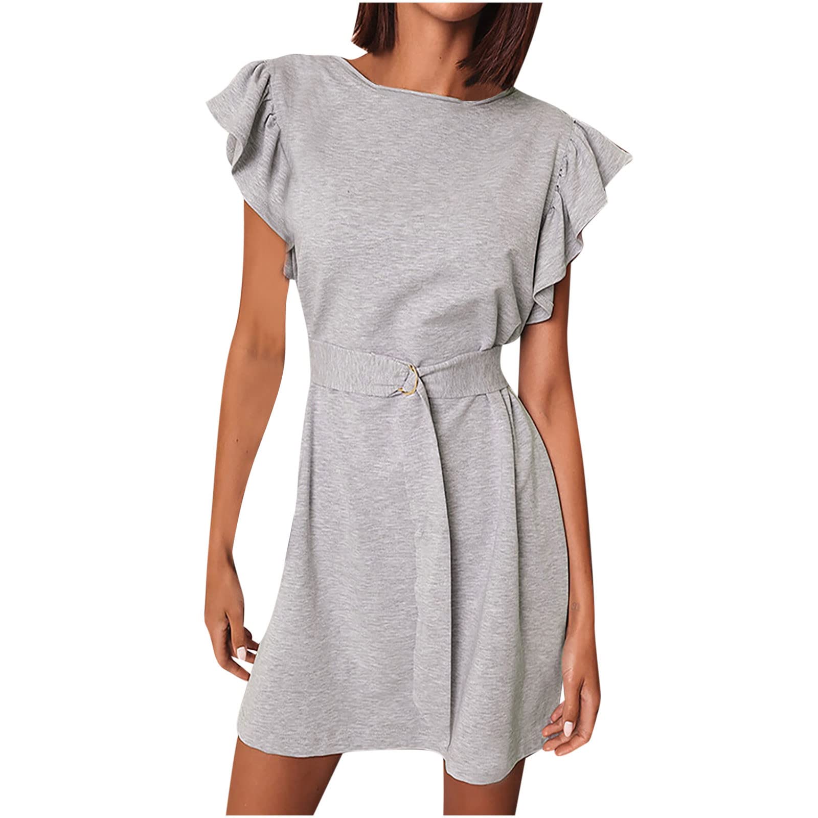aohooy Women's Summer Casual Dress - Solid Color Ruffled Cap Sleeve Waist Bandage Slim A-Line Swing Mini Dress for Beach, Party & Date Night