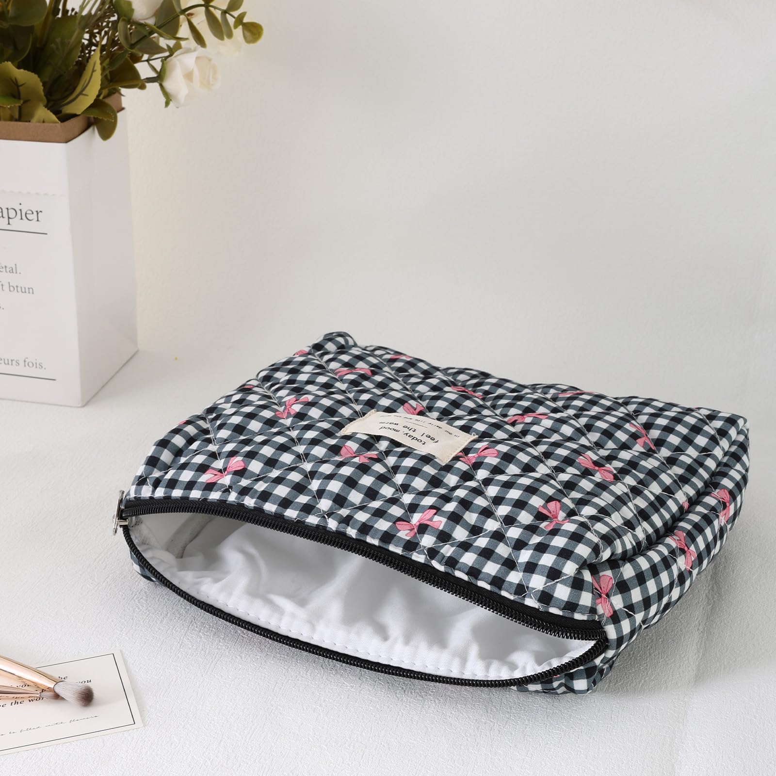 LYDZTION Quilted Makeup Bag for Women & Girls - Coquette Bow Cosmetic Pouch, Cotton Travel Toiletry Organizer with Zipper, Portable Versatile Storage Bag (Black) - Perfect for Travel, Gym, Daily Essentials & Gift Giving