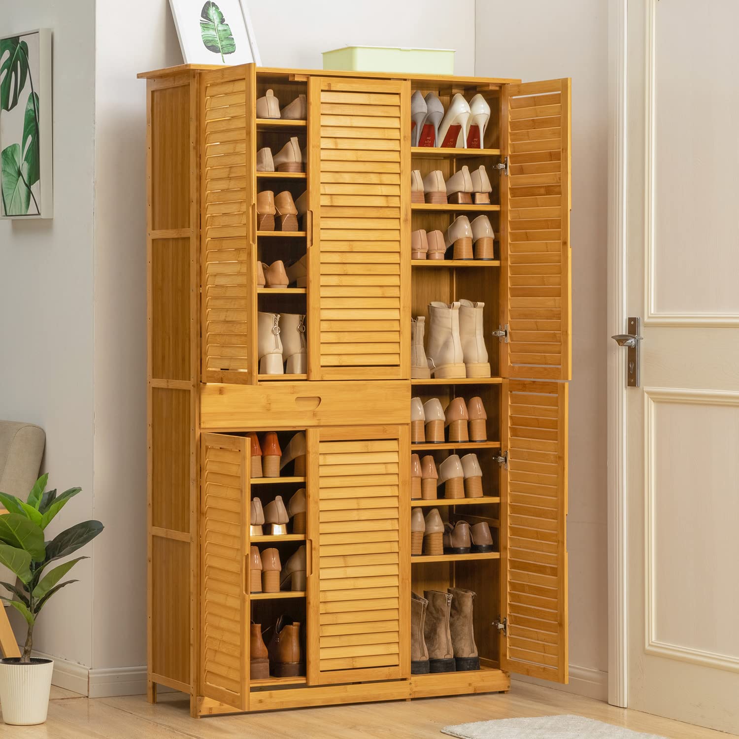 MoNiBloom Large Shoe Storage Cabinet Organizer with Shutter Doors & Drawer - Holds 40+ Pairs of Shoes for Entryway, Hallway, Bedroom & Living Room - Natural Wooden Shoe Rack for Home Organization & Space Saving