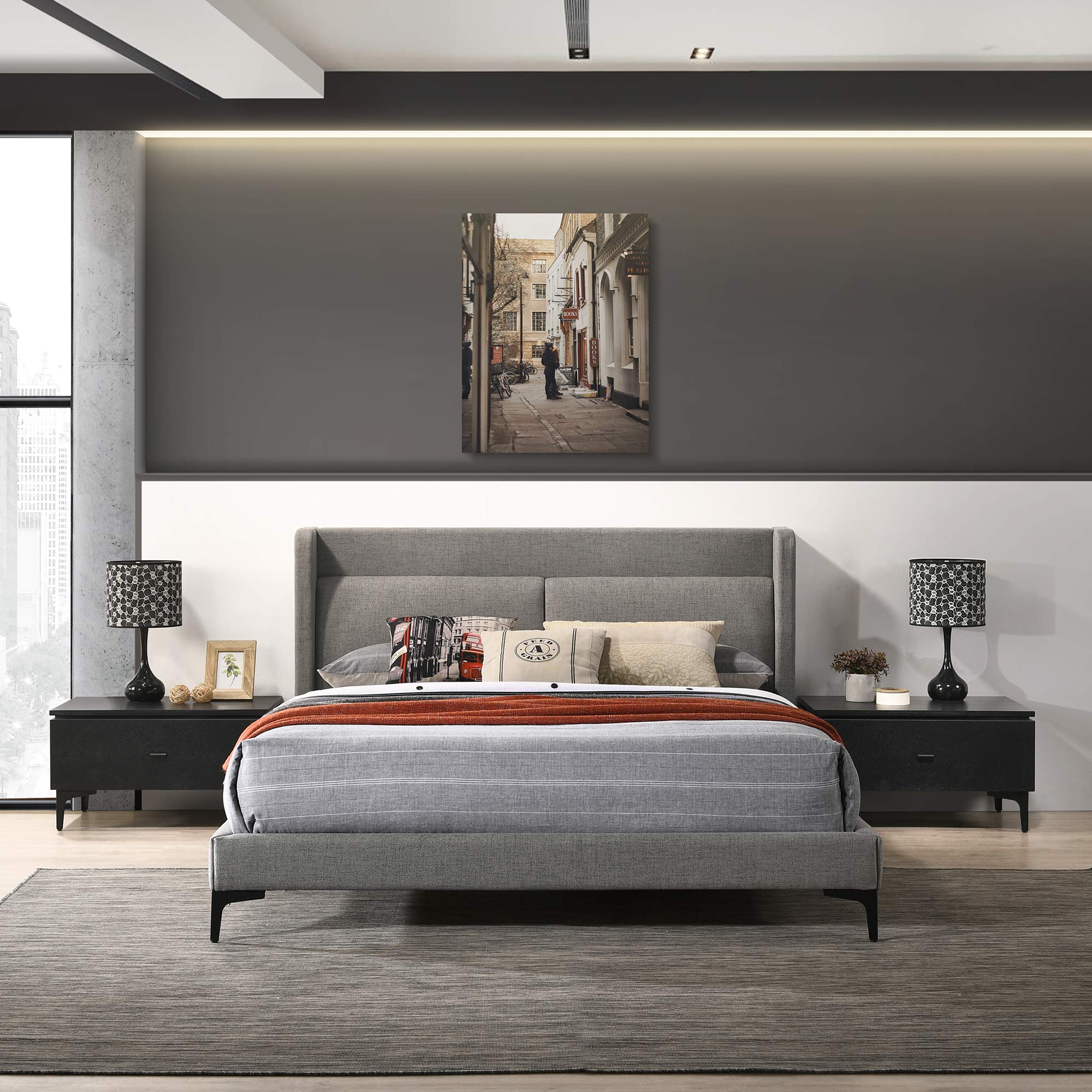 Armen Living Legend 3-Piece Queen Size Bedroom Set with Platform Bed and Nightstands, Gray/Black Fabric - Perfect for Modern Master Bedrooms and Guest Rooms
