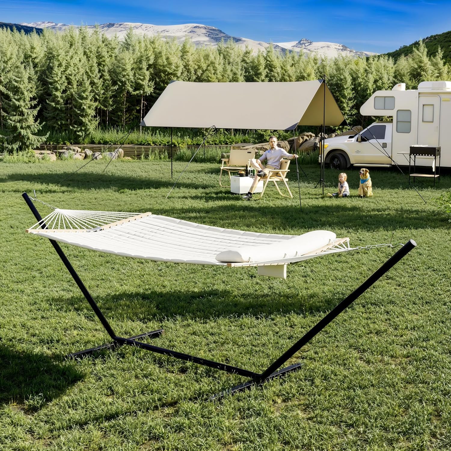 GARVEE 2 Person Heavy Duty Double Hammock with Collapsible Steel Frame - 450lb Weight Capacity, UV Resistant & Includes Storage Bag - Perfect for Backyard Relaxation, Camping Trips & Outdoor Adventures