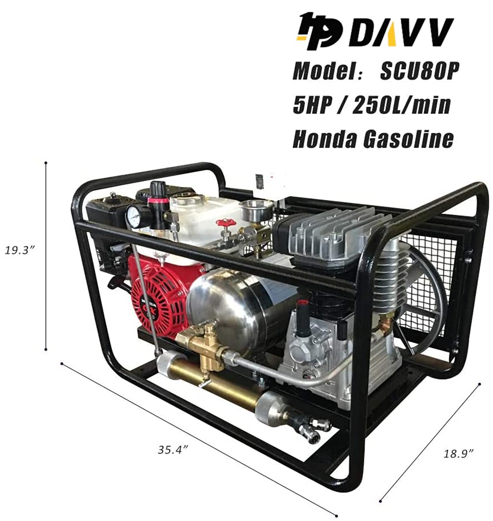 Gasoline-Powered 5HP Air Compressor 250L/Min 3.5Kw 115psi with 50ft Hose & Dual Regulators - Ideal for Hookah Diving, Industrial Use, and Surface Air Supply Operations
