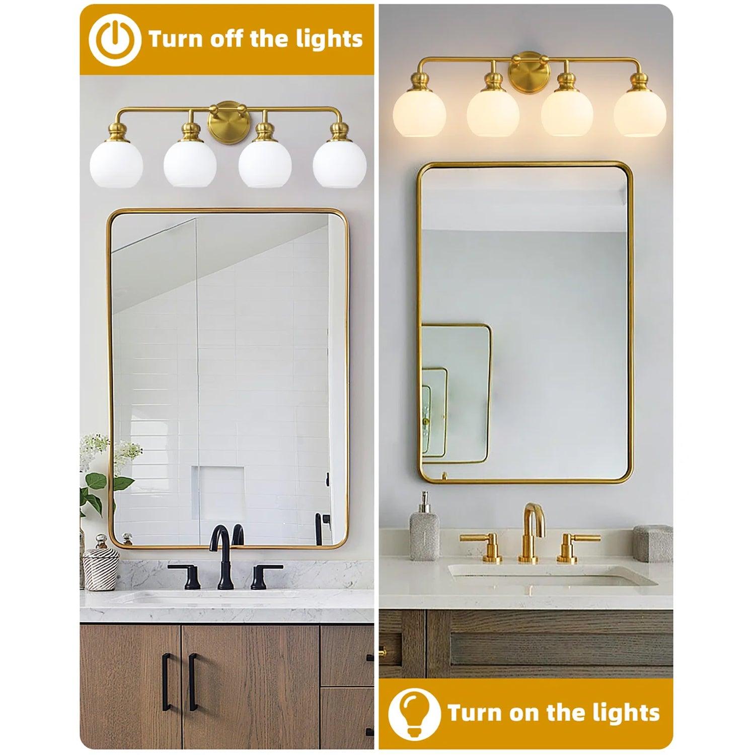 Modern Frosted Glass 4-Light Bathroom Vanity Light Fixture - Gold Finish for Contemporary Bathroom & Powder Room Lighting