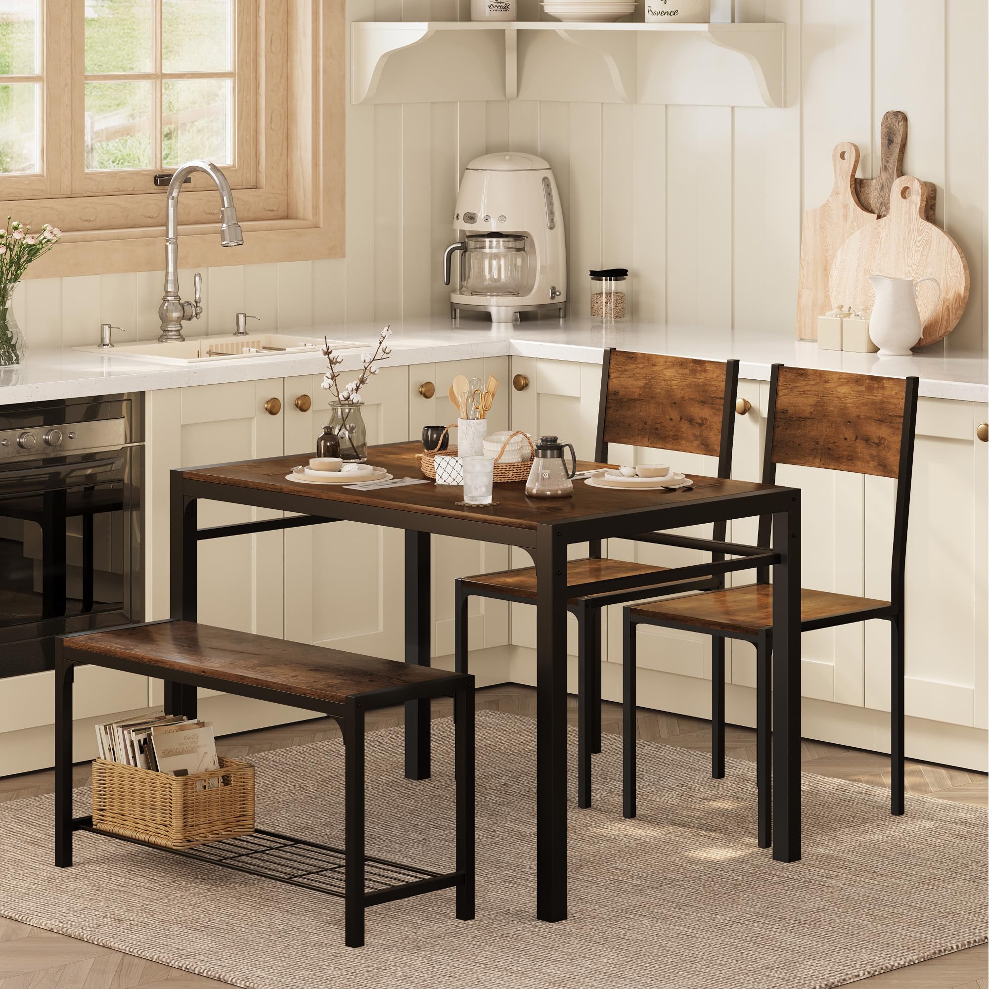 Shahoo 4-Piece Dining Set with Table, 2 Chairs & Bench - Compact Kitchen Table for Small Spaces in Brown | Perfect for Apartments, Breakfast Nooks & Cozy Dining Areas
