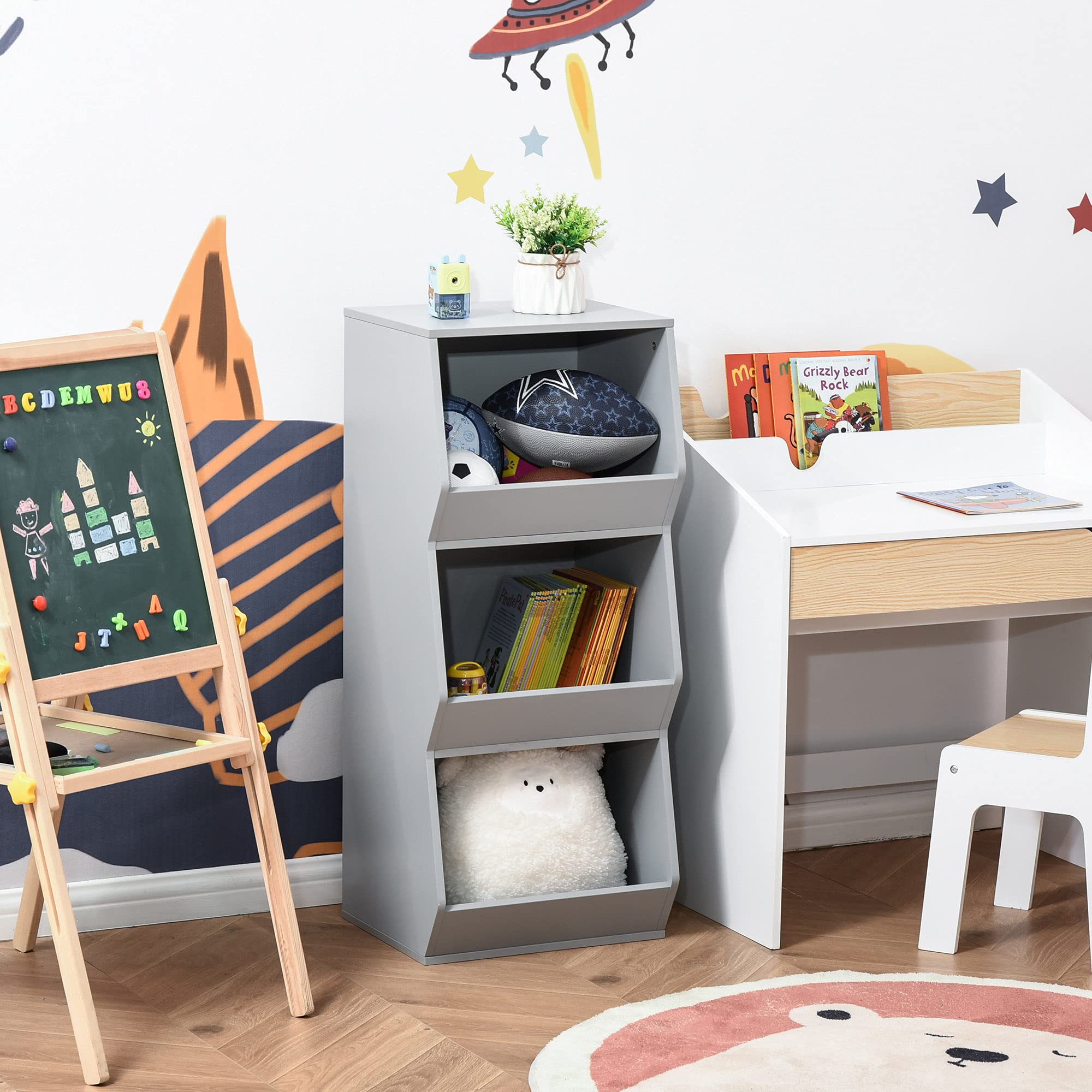 HOMCOM 3-Tier Kids Storage Cabinet with Anti-Tip Design, 35.5