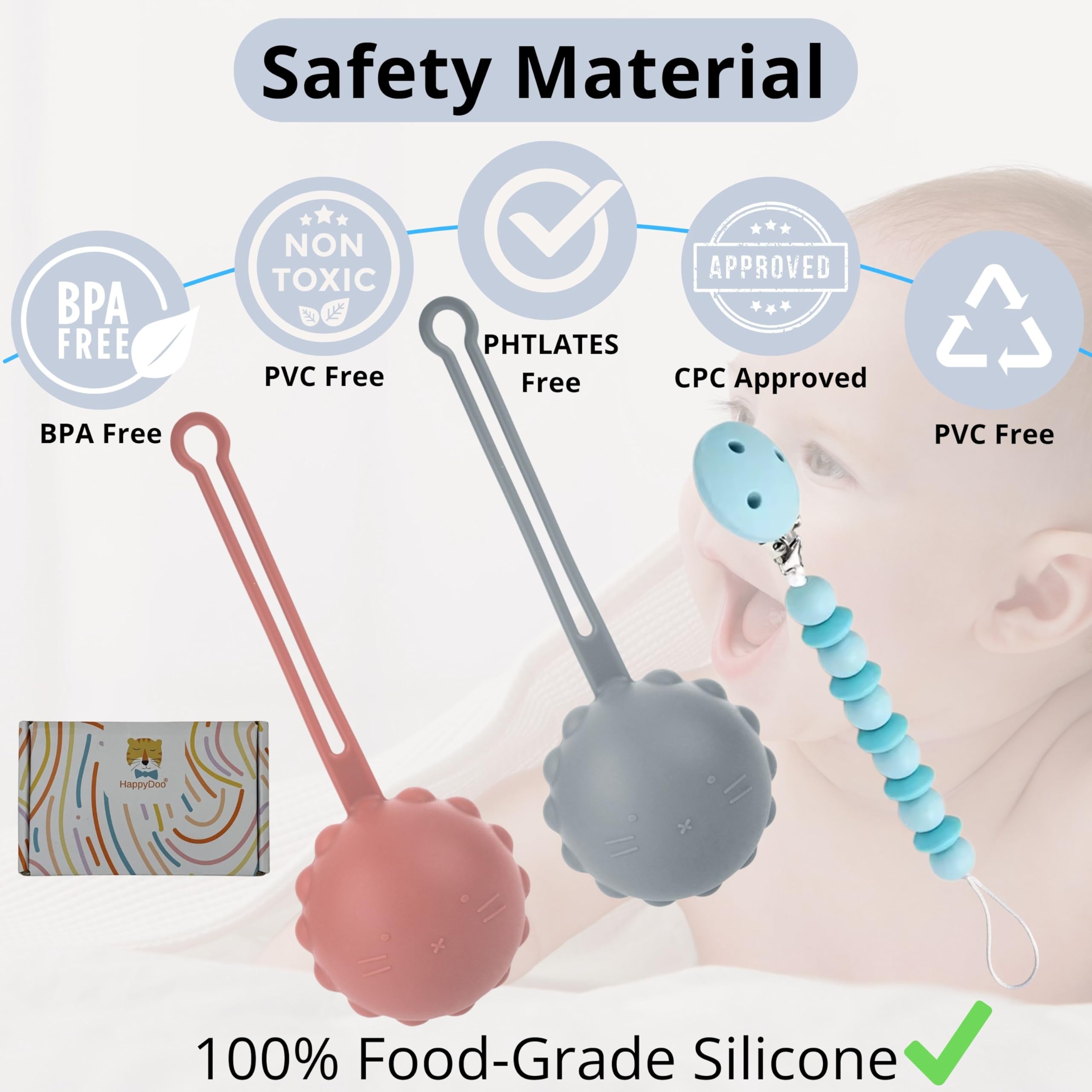 HappyDoo 2-in-1 Silicone Pacifier Holder & Clip Set - BPA Free, Flexible & Easy Clean (3-Pack with Gift Box) - Perfect for Baby Strollers, Car Seats & Diaper Bags