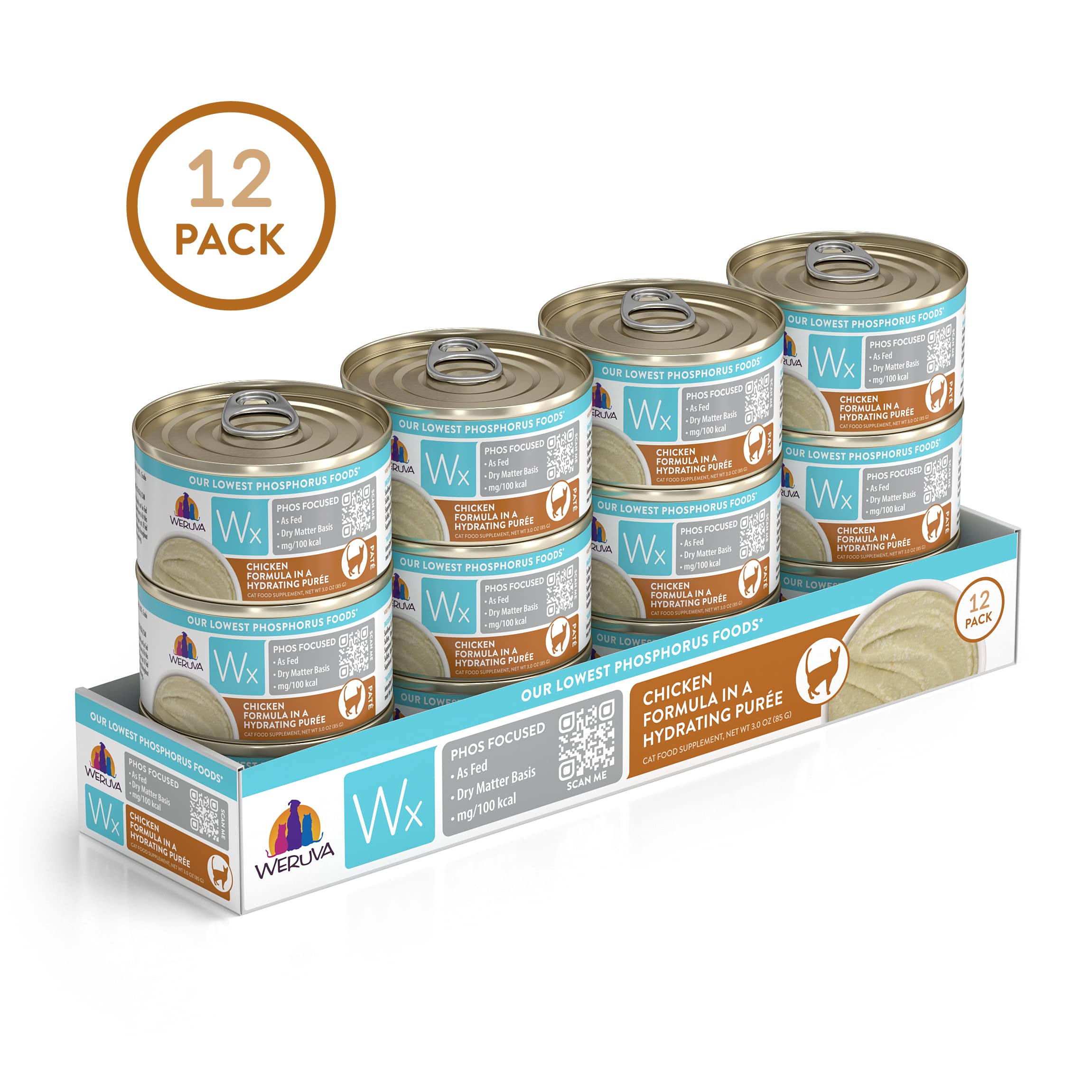 Weruva Wx Phos Focused Chicken Formula in Hydrating Puree - 3oz Can (Pack of 12) for Cats with Kidney Health Needs | High Protein Wet Cat Food for Senior & Adult Cats | Perfect for Mealtime Hydration & Picky Eaters