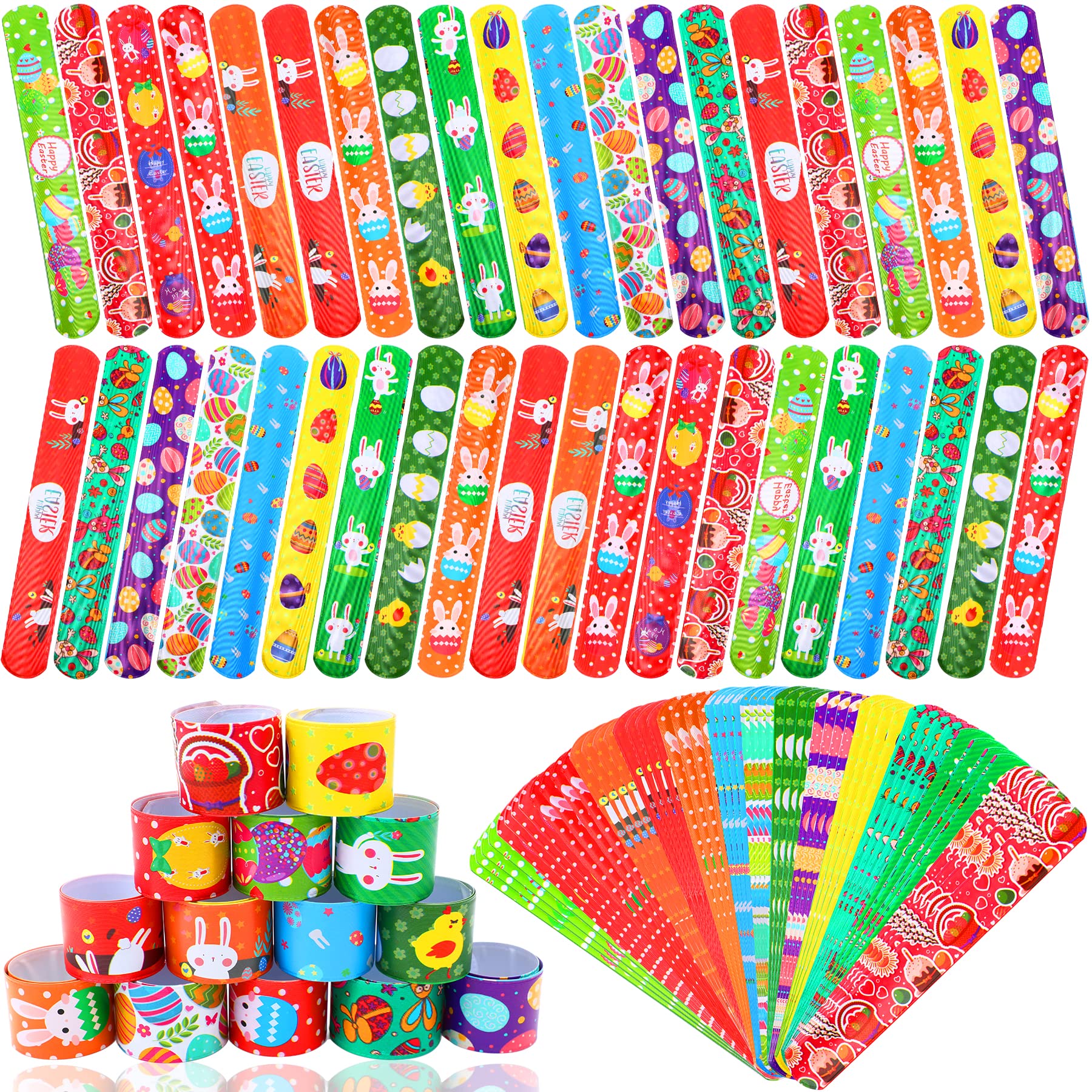 56 PCS Easter Slap Bracelets for Kids - Fun Snap Wristbands Bulk Party Favors, Easter Basket Stuffers & Egg Fillers - Perfect for Easter Egg Hunts, Classroom Rewards, Birthday Party Gifts & Carnival Prizes