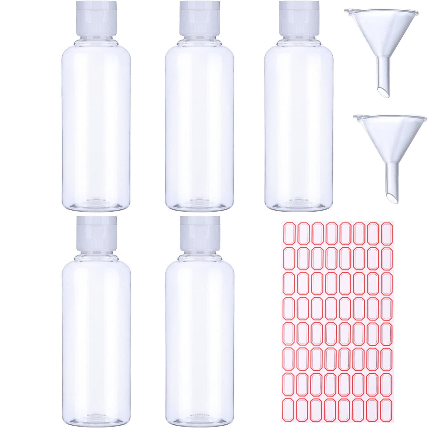 Voarge 5-Pack 100ml Plastic Travel Bottles with 2 Small Funnels & 64 Free Labels - TSA Approved Leak-Proof Containers for Toiletries, Shampoo, Lotion - Perfect for Air Travel, Vacation, Camping & Gym Essentials