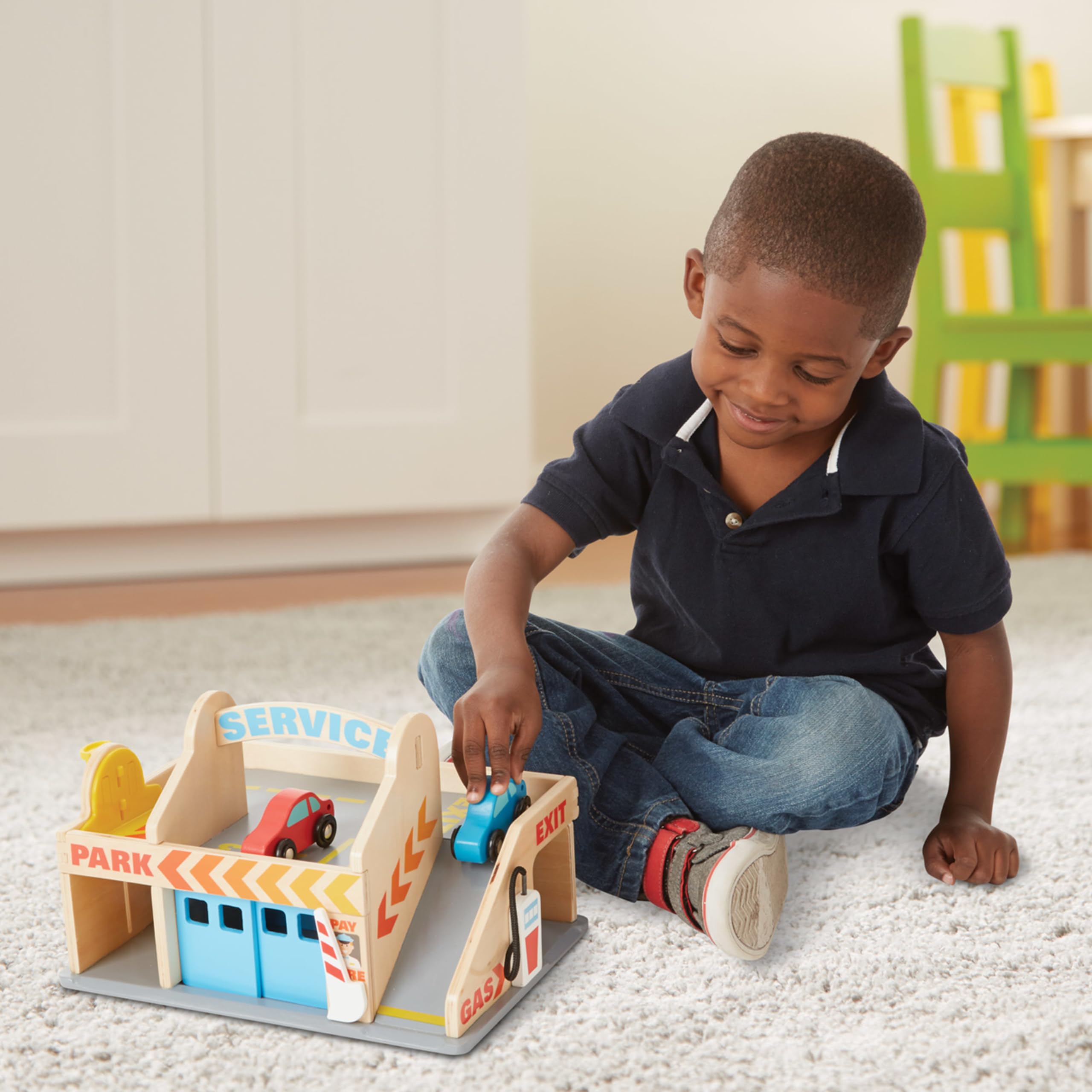 Melissa & Doug Wooden Service Station Parking Garage Toy Set with 2 Cars & Drive-Thru Car Wash - Perfect for Kids Pretend Play & Early Learning (SIOC)