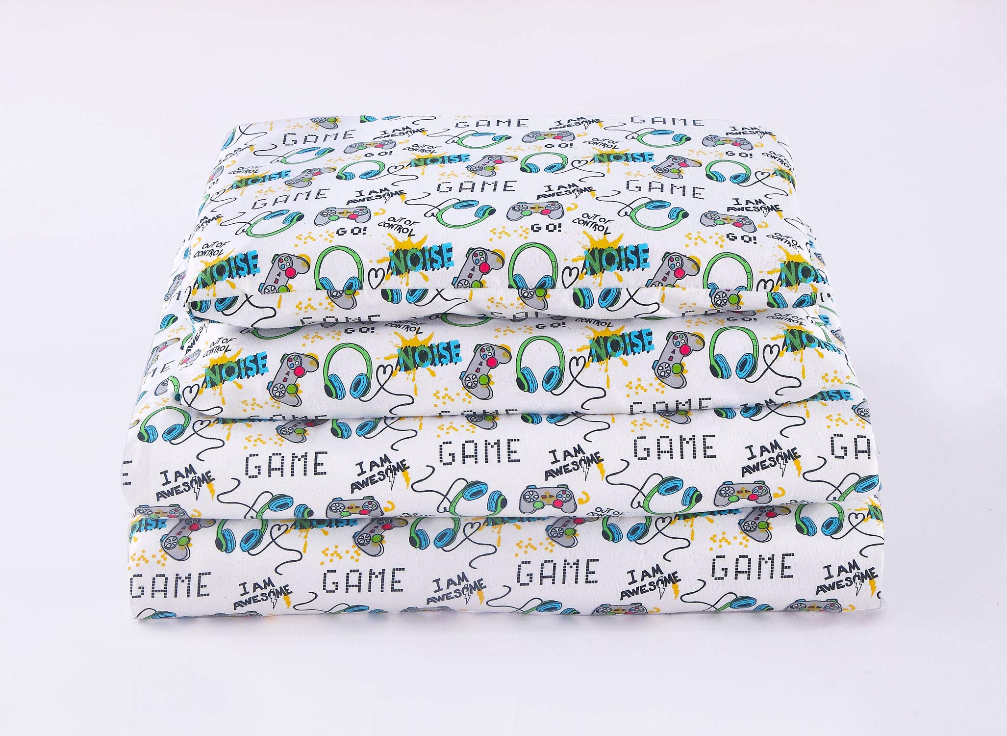 Full Bedding Sheet Set - Blue Green Yellow Gamer Theme for Video Game Enthusiasts, Perfect for Gaming Rooms and Teen Bedrooms