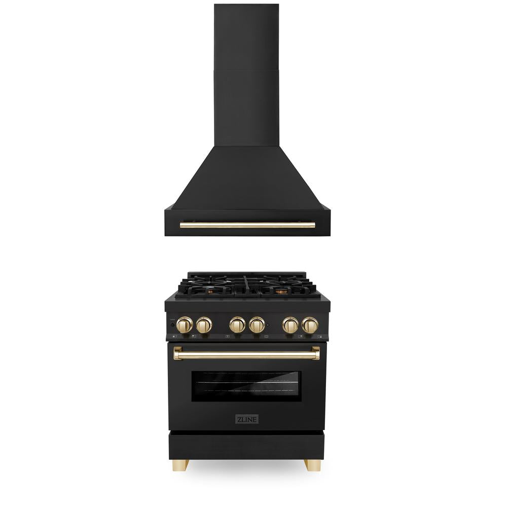 ZLINE Autograph Edition 30-inch Black Stainless Steel Dual Fuel Range & Range Hood Kitchen Package with Polished Gold Accents (2AKP RABRH30 G) - Perfect for Modern Kitchens & Professional Chefs