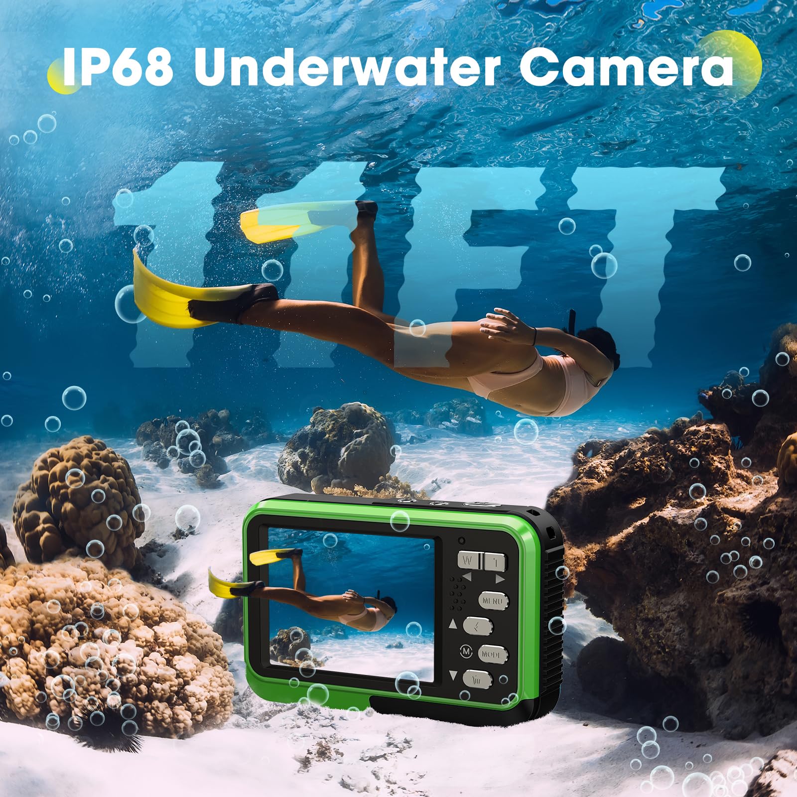 4K Waterproof Underwater Camera - 48MP Autofocus, 16X Zoom, Dual Screens for Selfie - 11FT Snorkeling & Diving - Compact Digital Camera with 2 Batteries (Green) - Perfect for Beach Vacations, Pool Parties & Underwater Photography