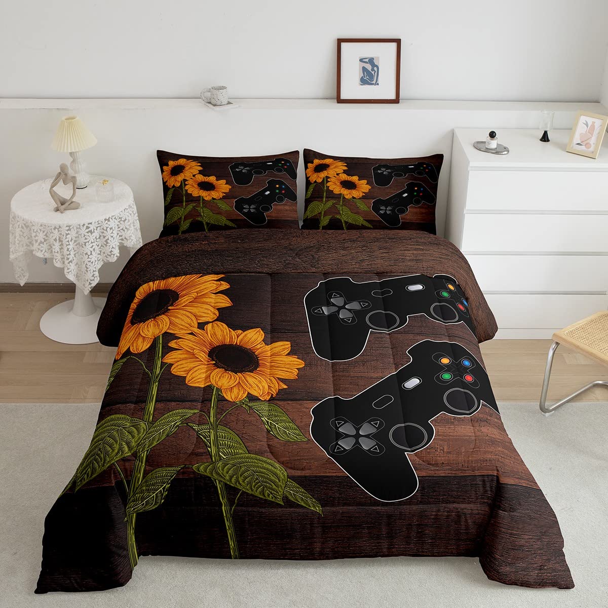 Boys Gaming Comforter Set - Queen Size Game Controller Bedding with Sunflower Floral Design, 2 Pillowcases - Rustic Farmhouse Teen Bedroom Decor for Kids & Teens - Perfect for Gaming Rooms, Dorm Rooms & Cozy Bedrooms