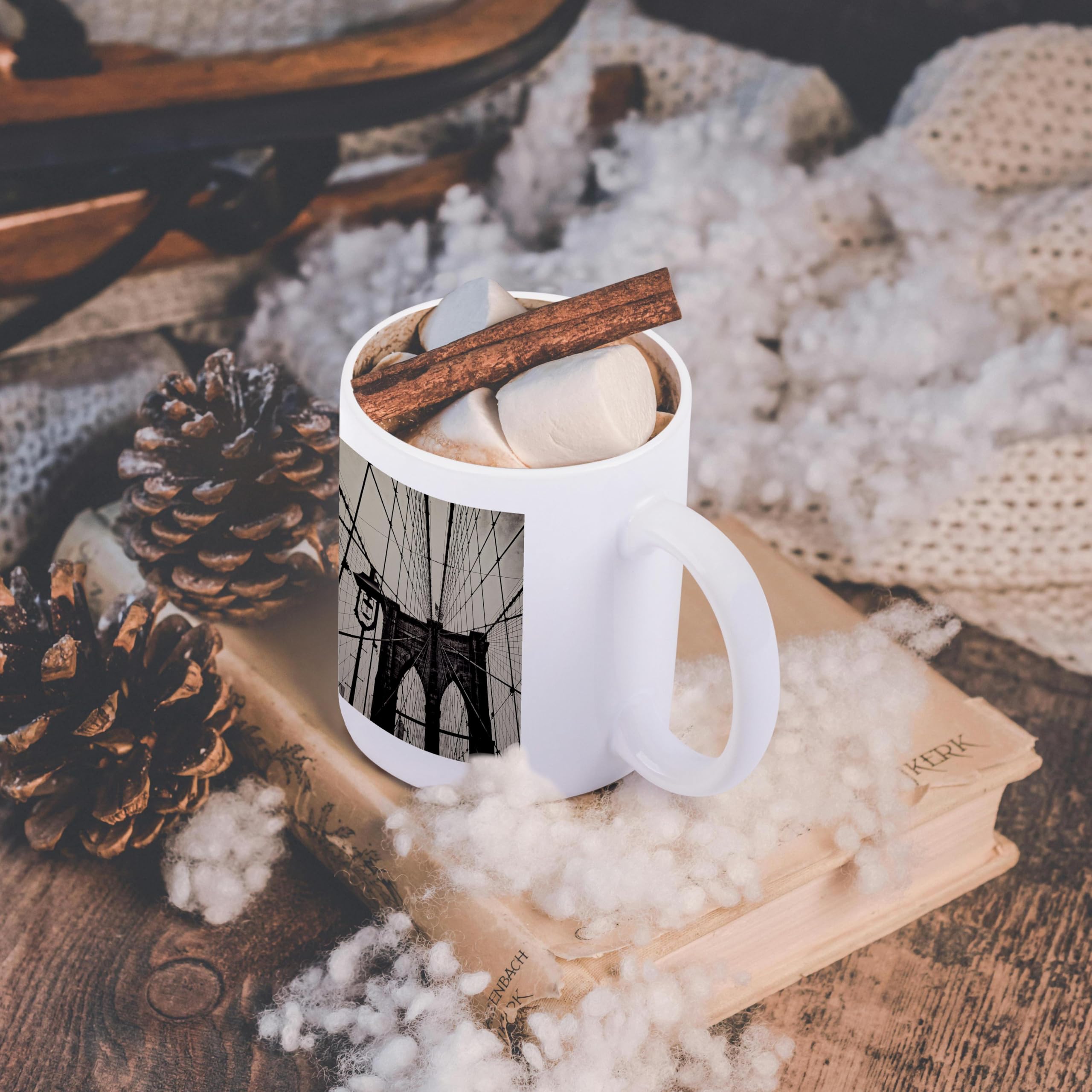 3D Rose 11oz Coffee Mug - Vintage Sepia Wet Plate Brooklyn Bridge Design - Funny Travel Themed Gift for Coffee Lovers - Perfect for Office, Home Use & Gifts