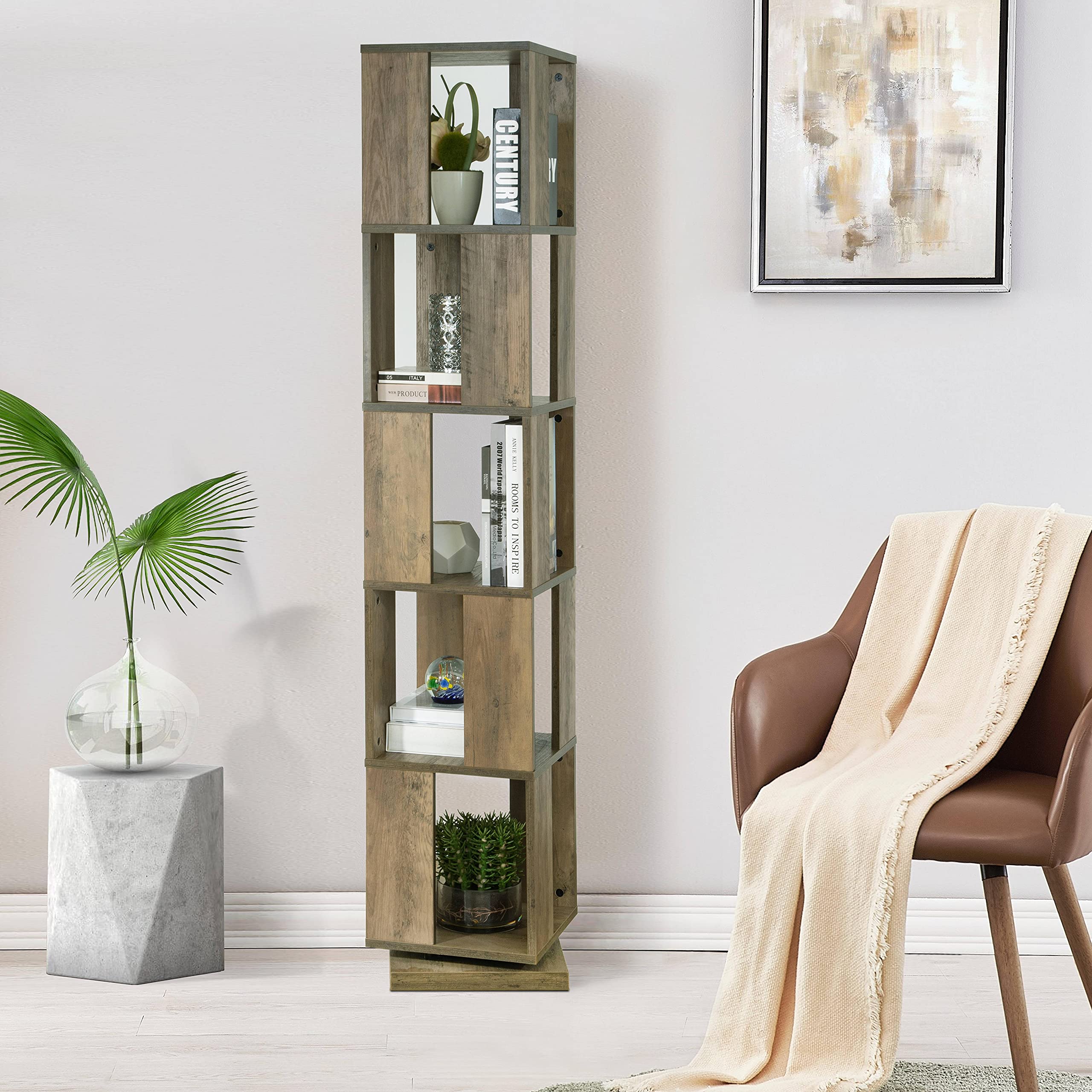 ICE ARMOR 5-Tier Rotating Bookcase - Vintage Industrial Wooden Display Bookshelf with Open Design | Storage Organizer for Books, Decor & More | Perfect for Bedroom, Living Room & Office in Washed Tan
