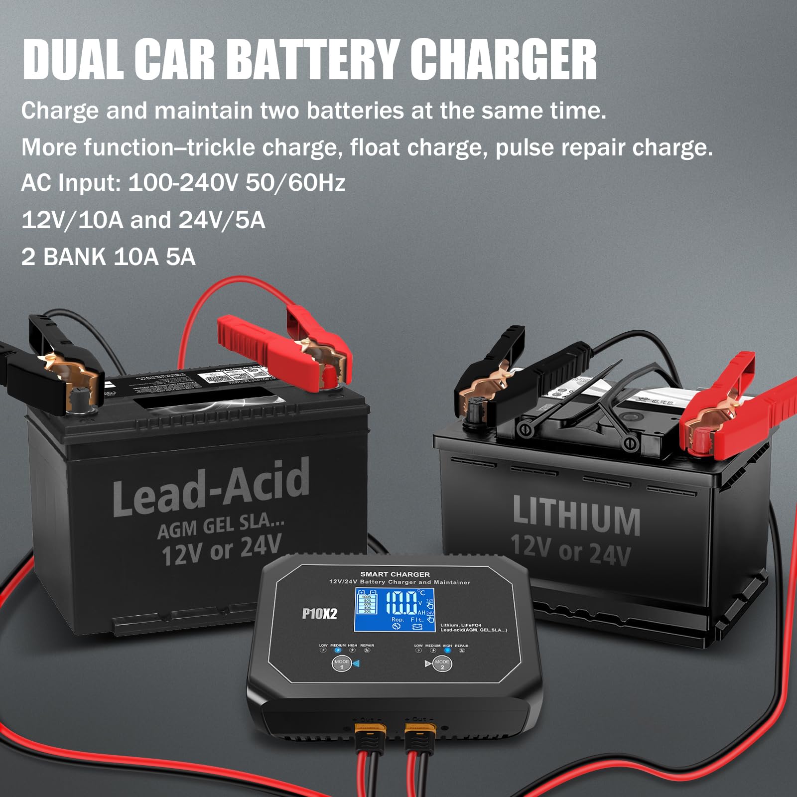 2-Bank 20A(10A/Bank) 12V/24V Smart Car Battery Charger & Maintainer - Automatic Charger for Lead-Acid, Lithium, LiFePO4 Batteries - Ideal for Cars, Motorcycles, Marine, Boats & RV Maintenance