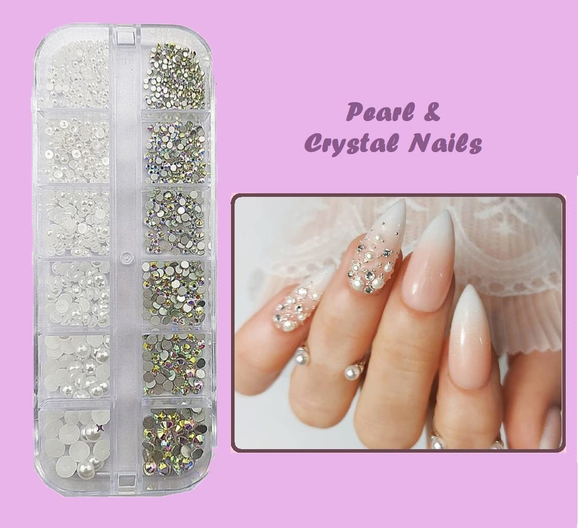 S.A.V.I 12 Grids White Flat Pearls & AB Glass Flat Crystals - Rhinestones for Nail Art Decorations, DIY Manicure Supplies for Women - Perfect for Nail Salon, Home Manicure & Party Glam Looks