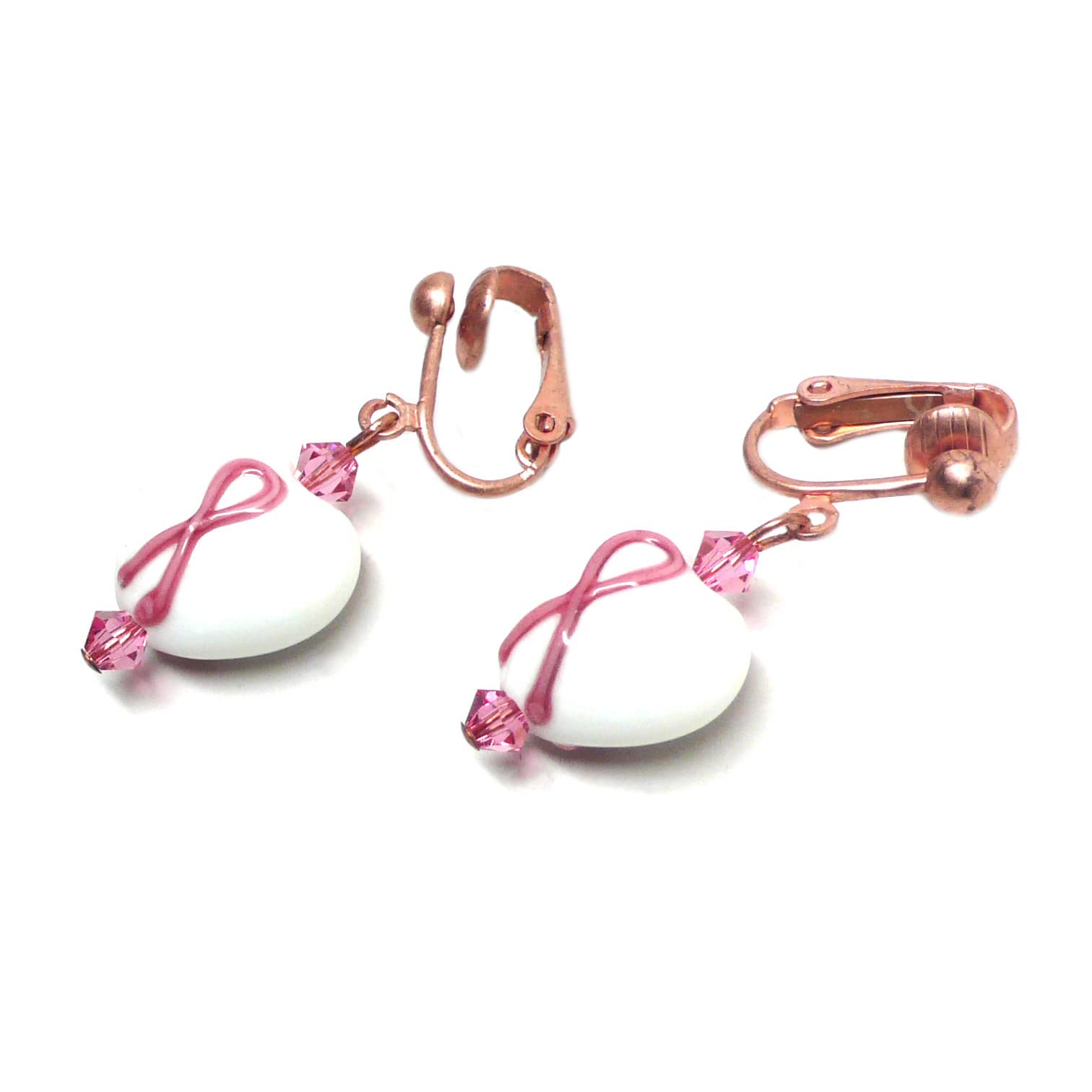 Pink Ribbon Awareness White Glass Heart Earrings - 14mm Copper Pierced or Clip On for Women - Perfect for Breast Cancer Awareness Events, Fundraisers & Everyday Wear