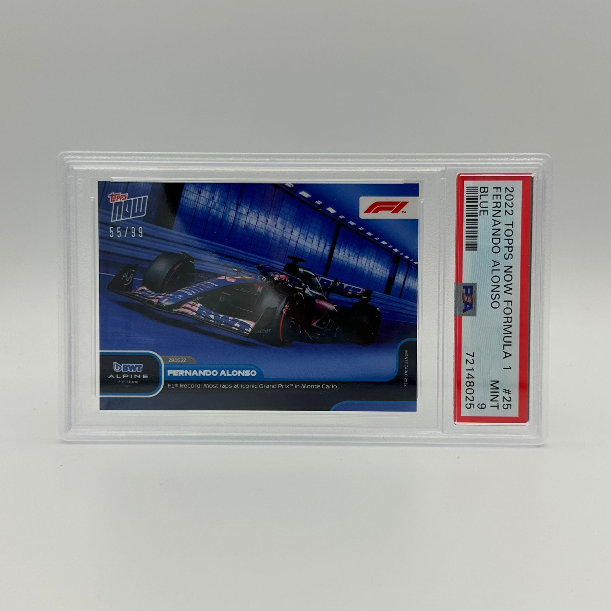 PSA 9 Graded 55/99 Fernando Alonso F1 Racing Card - Record Holder for Most Laps at Monaco Grand Prix #25 - Perfect for F1 Collectors and Sports Memorabilia Displays