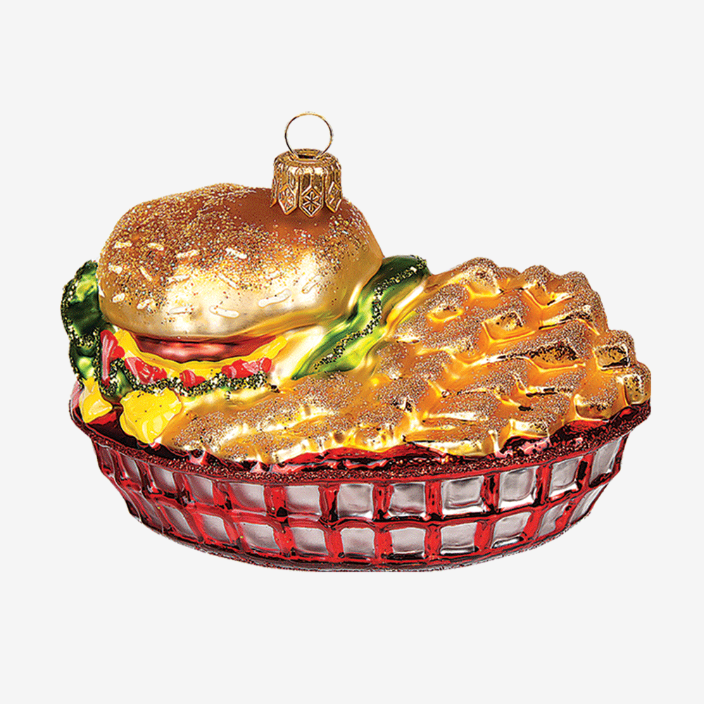 Burger and Fries Basket Ornament - Cute Fast Food Miniature Decor for Christmas Tree, Kitchen, or Diner Display - Perfect Gift for Food Lovers