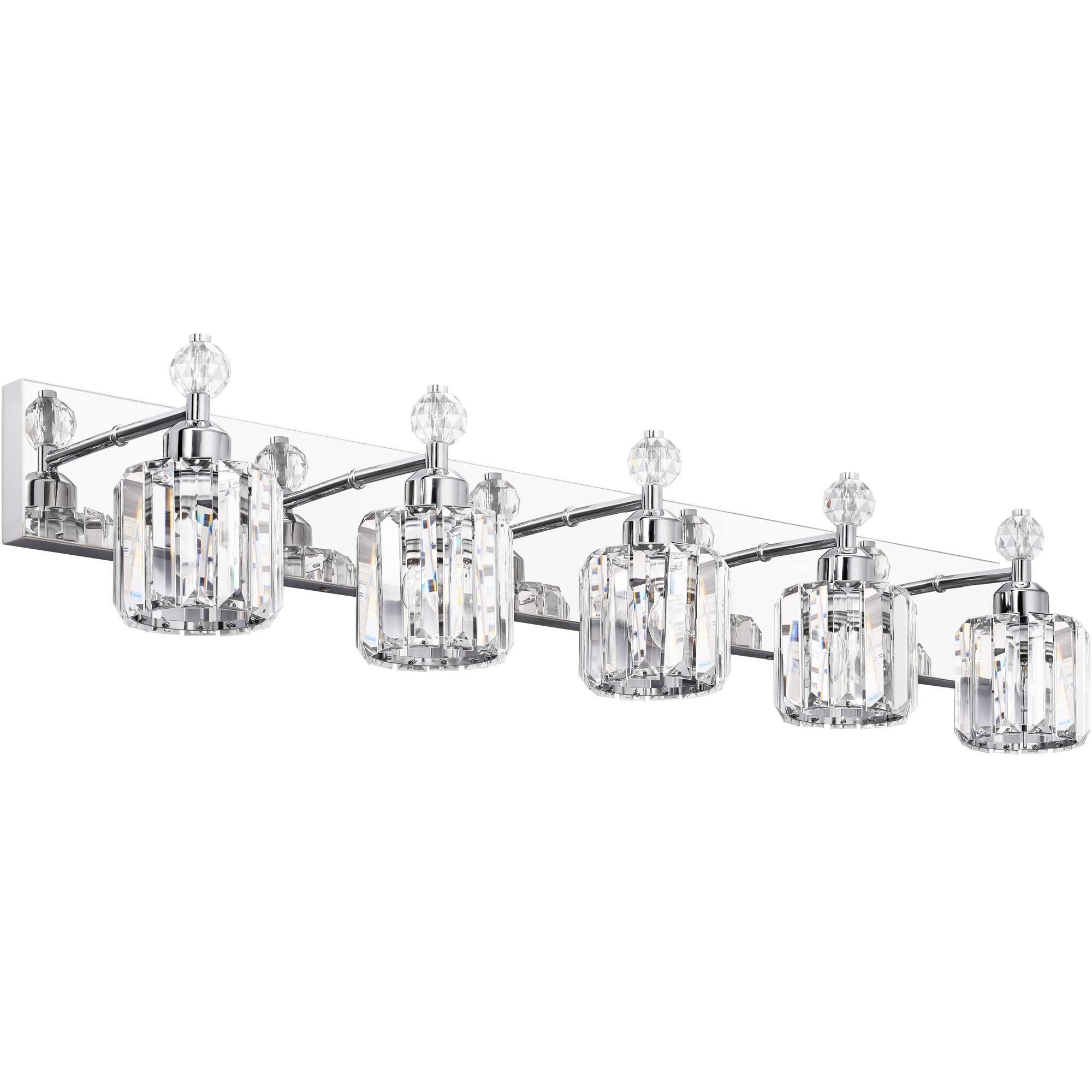 Modern Crystal Vanity Light for Bathroom - Chrome 5-Light Wall Fixture with Adjustable Arms - Perfect for Bathroom Mirror Lighting, Dressing Room & Makeup Area