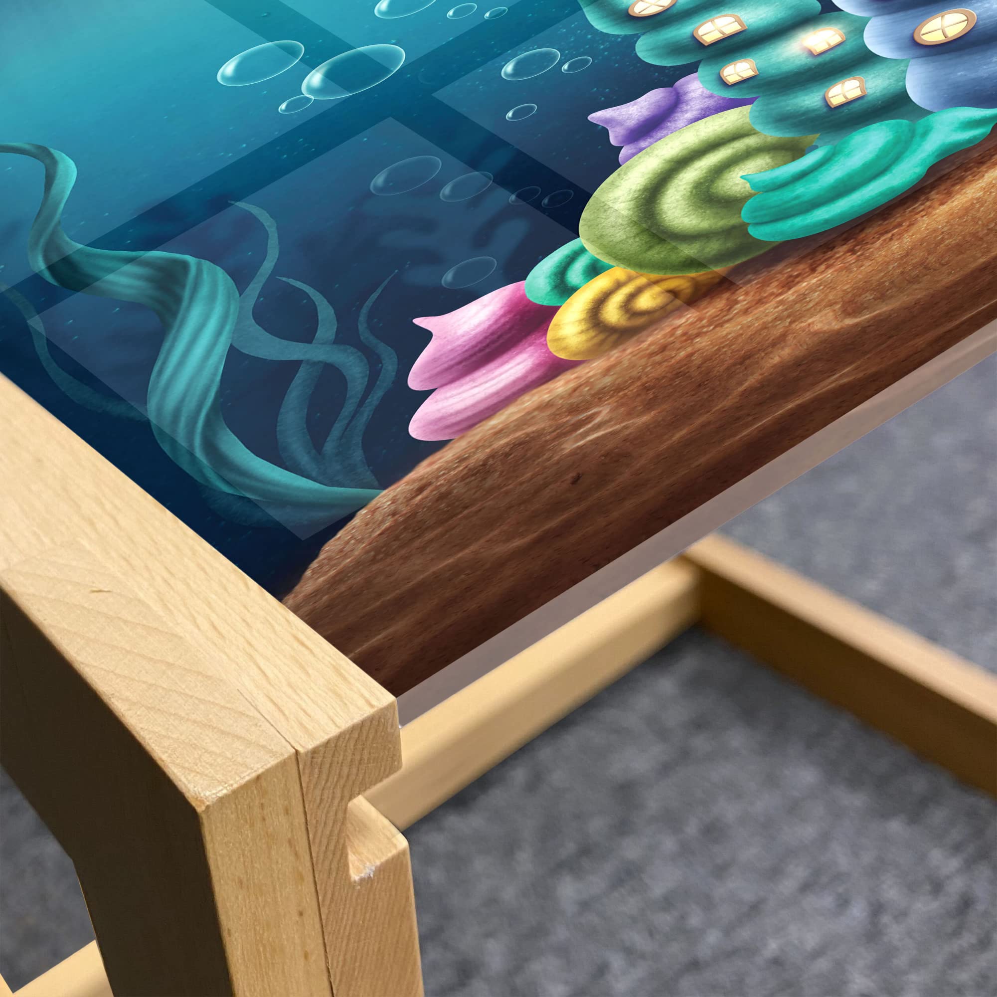 Ambesonne Ocean Themed Coffee Table - Underwater Fantasy Kingdom with Shell Houses & Water Bubbles Cartoon Print, Acrylic Glass Top with Wooden Frame - Large Teal Brown Center Table for Living Room, Office, Dorm Decor