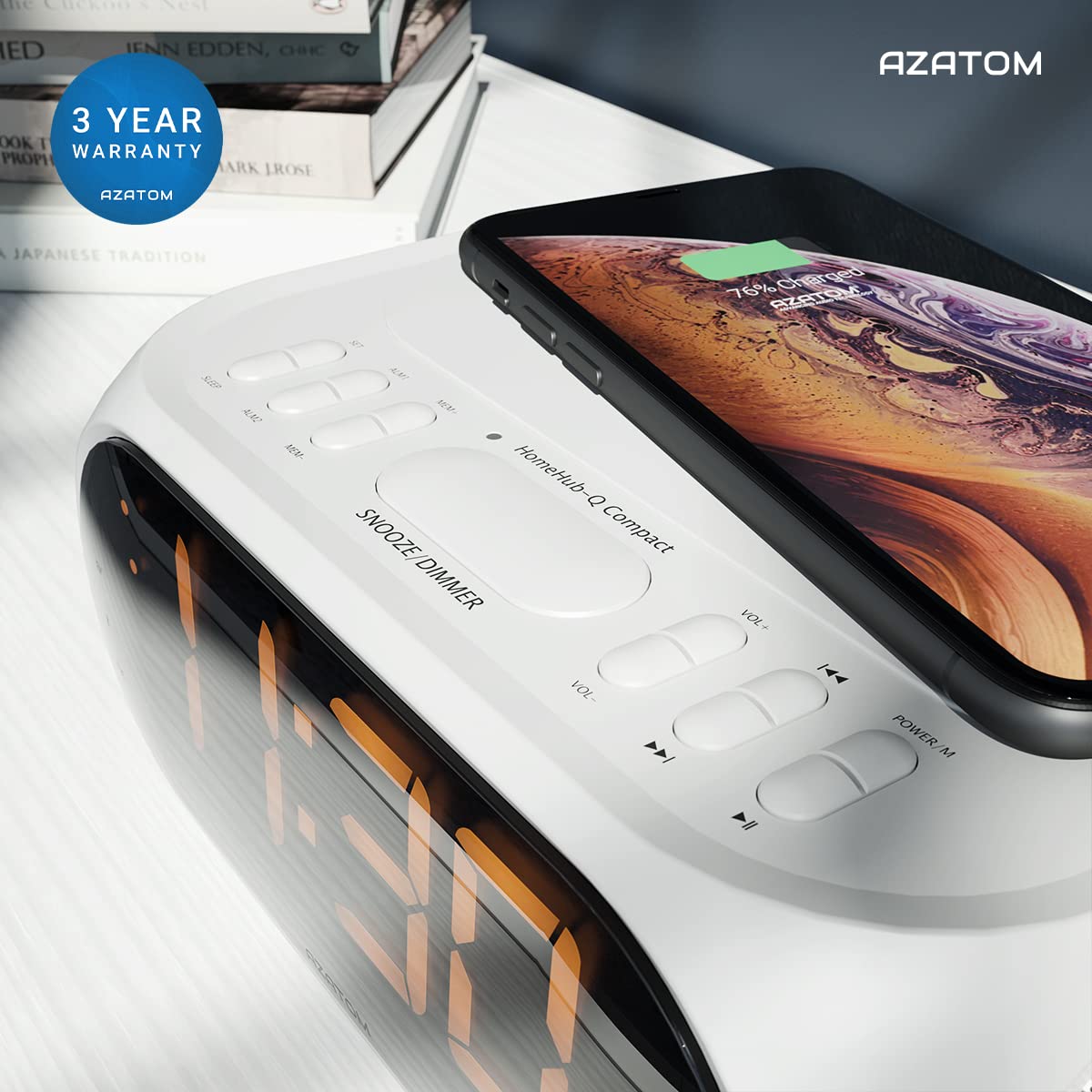 AZATOM Homehub Compact Bluetooth Alarm Clock Radio with QI Wireless Fast Charging for iPhone & Android - White | Bedside, Office, Travel Use