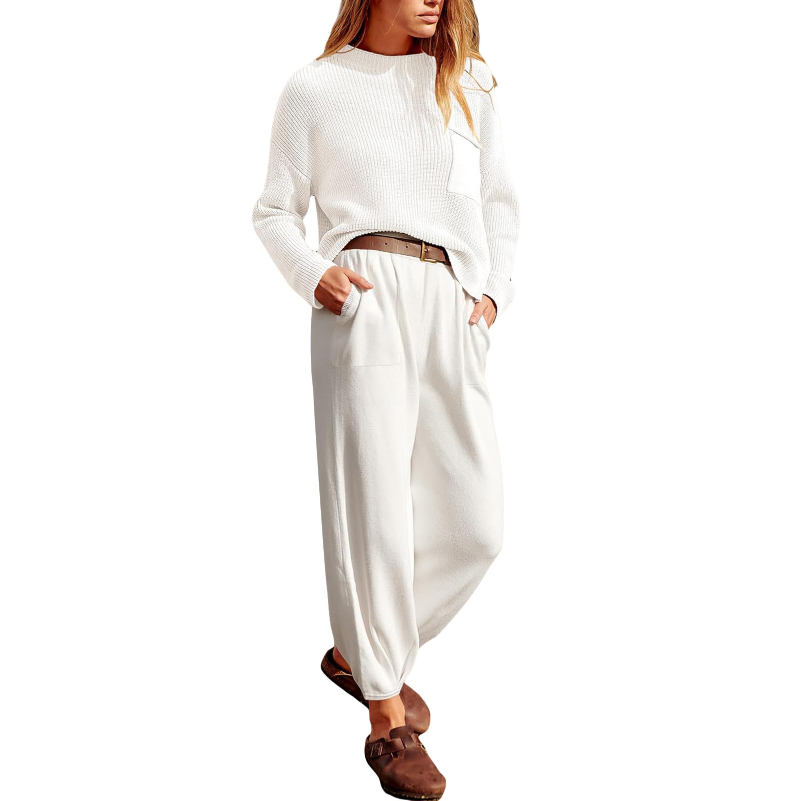 FeMereina Women's 2-Piece Sweater Set - Long Sleeve Knit Top & Loose Pants Matching Lounge Outfit - Cozy Fall Winter Tracksuit for Home, Office & Casual Wear