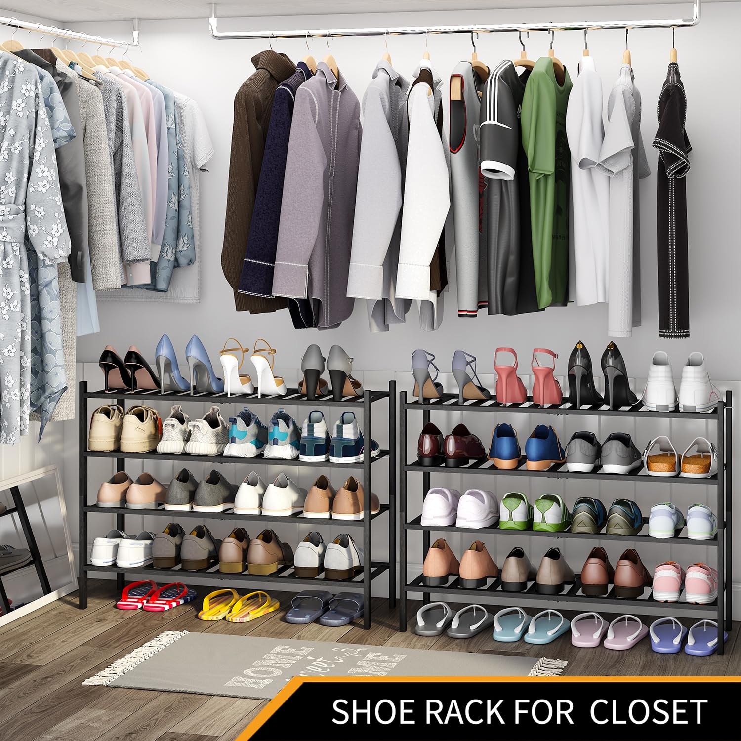 4-Tier Bamboo Shoe Rack Organizer - Stackable Shoe Shelf for Closet, Entryway & Hallway - Space Saving Shoe Storage Solution for Sneakers, Boots & Sandals (Black) - Perfect for Small Apartments & Mudroom Organization