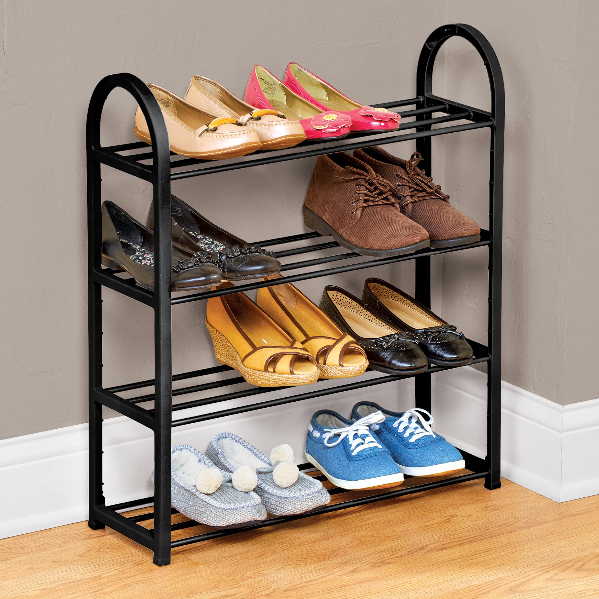 4-Tier Metal Shoe Rack for Closet & Entryway - Space Saving Black Shoe Organizer Holds 12 Pairs - Perfect for Small Spaces, Apartments & Home Organization