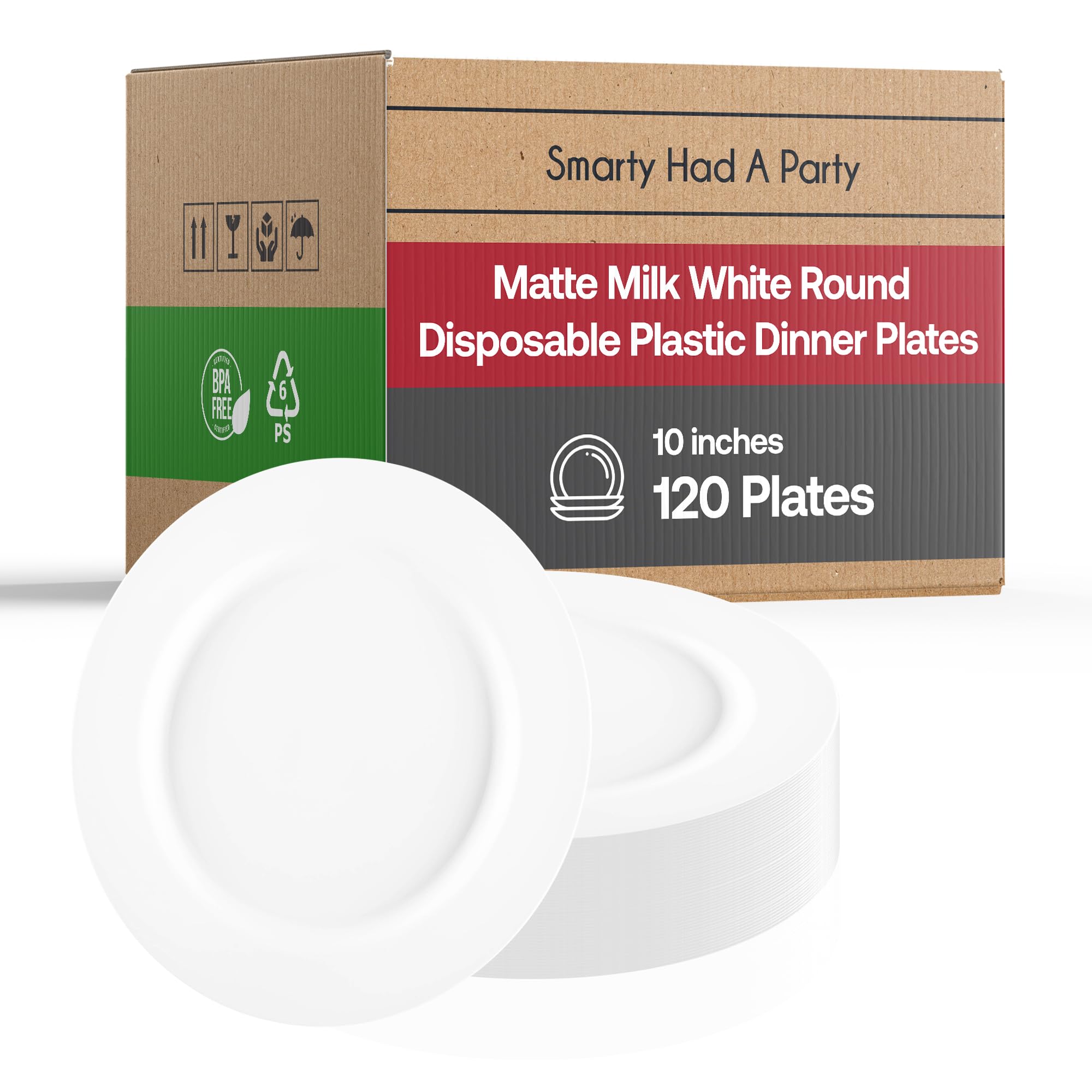 Smarty Had A Party Disposable Plastic Plates - 120 Pack Heavy Duty 10 Inch White Round Dinner Plates for Weddings, Birthdays, BBQs & Events - Durable Matte Finish Party Tableware for Indoor/Outdoor Use