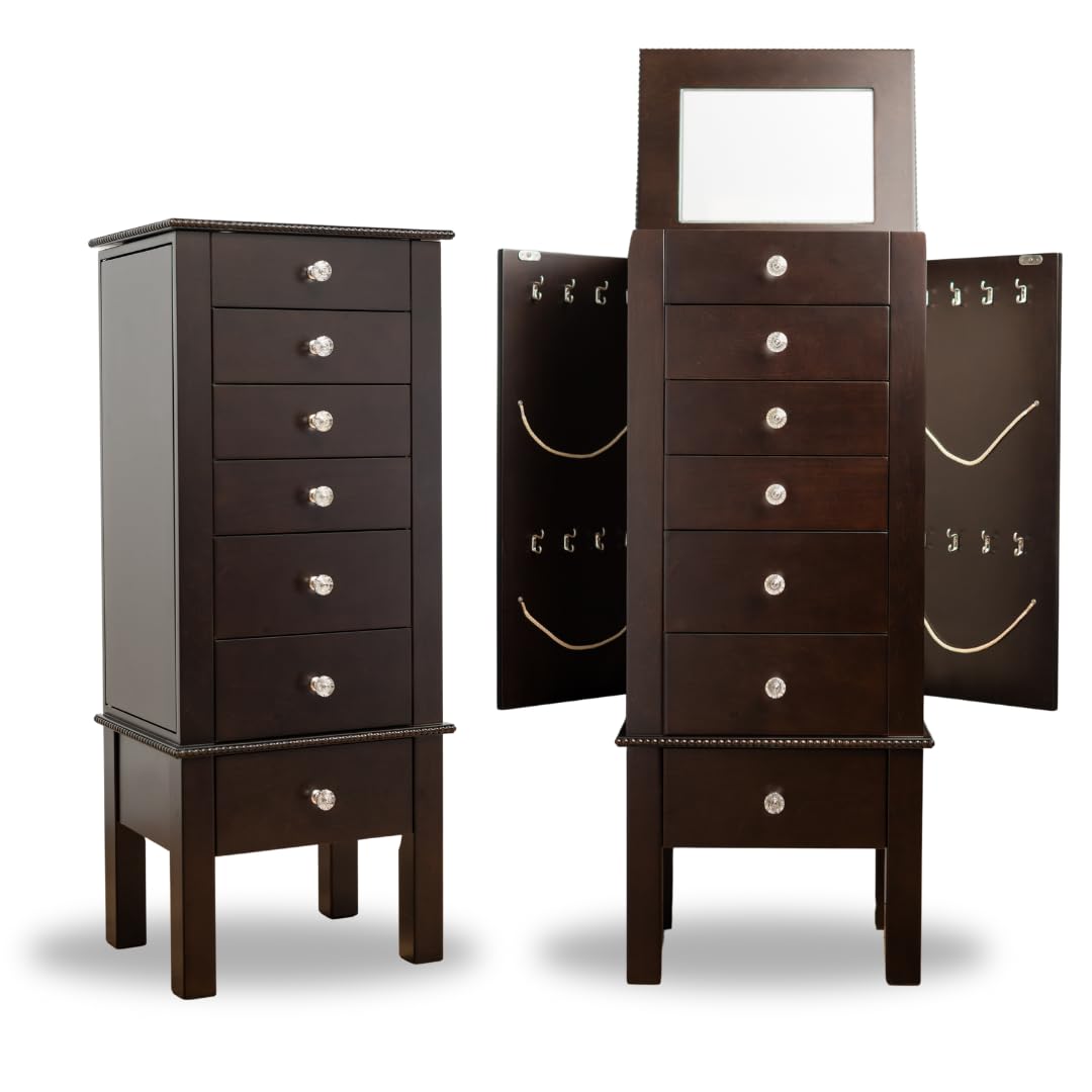 Hives and Honey Kimberly Standing Armoire Jewelry Storage Cabinet - Espresso Finish, Large Jewelry Organizer with Mirror, Perfect for Bedroom, Closet, or Dressing Room