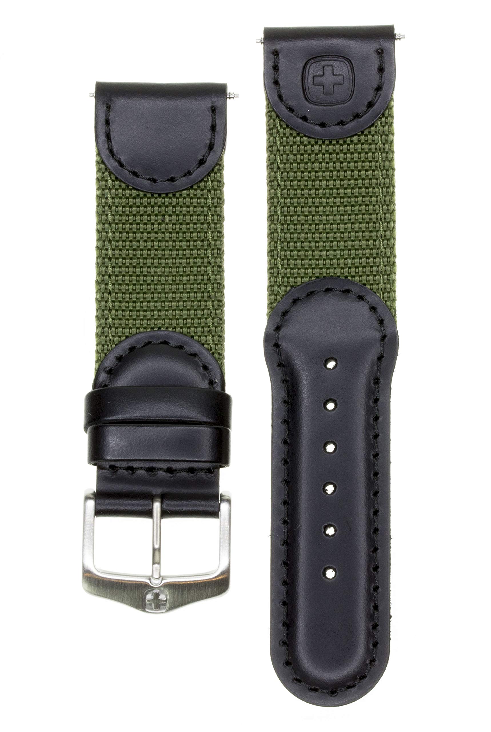 Genuine Wenger Swiss Army 19mm Black Leather & Army Green Nylon Watch Band Replacement Strap - Perfect for Outdoor Adventures, Military Style & Everyday Wear