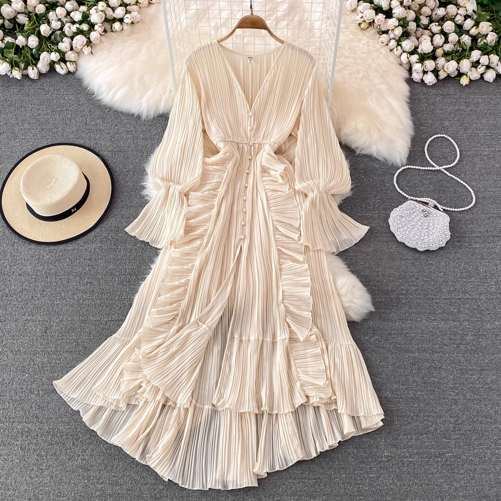 Elegant High Waist V-Neck Long Sleeve Swing Dress for Women - Perfect for Office, Party & Special Occasions
