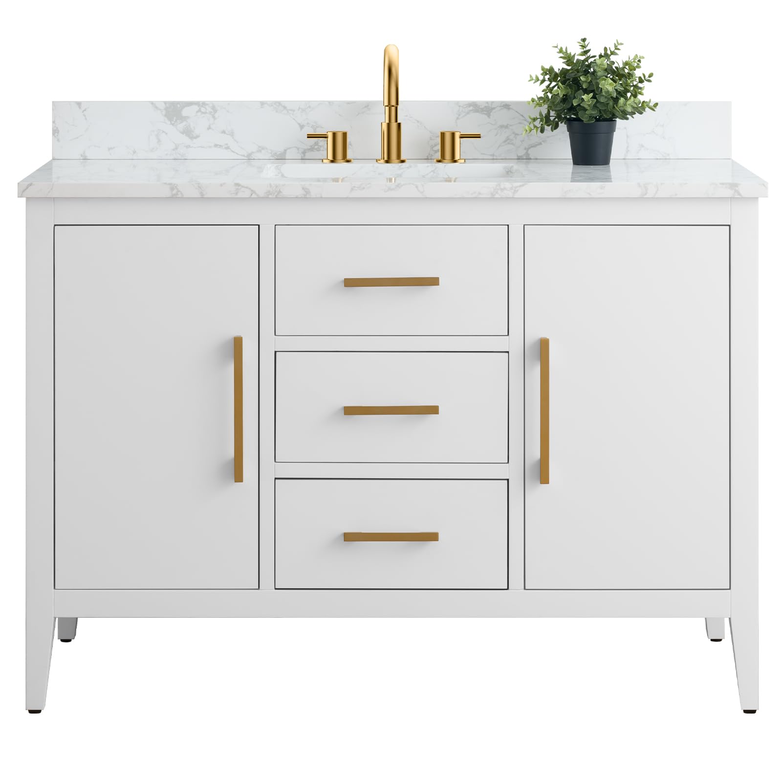 Vanity Art 48 Inch White Bathroom Vanity with Single Sink, Ceramic Top & Soft-Closing Doors - Solid Wood Frame Cabinet with Drawers (VA9048-W-GB1) for Modern Bathroom Remodel & Home Upgrade