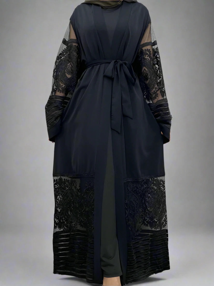 Elegant Muslim Women's Mesh Embroidery Cardigan Open Abaya Dress - Modest Islamic Fashion for Prayer, Mosque & Special Occasions