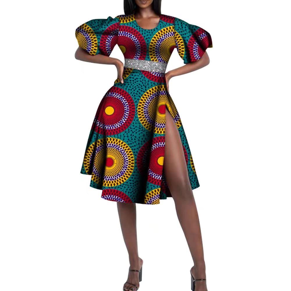 African Dashiki Dresses for Women - Sequins Short Puff Sleeve Print Elegant Party Dress with Knee-Length Split | Perfect for Festivals, Weddings & Cultural Events