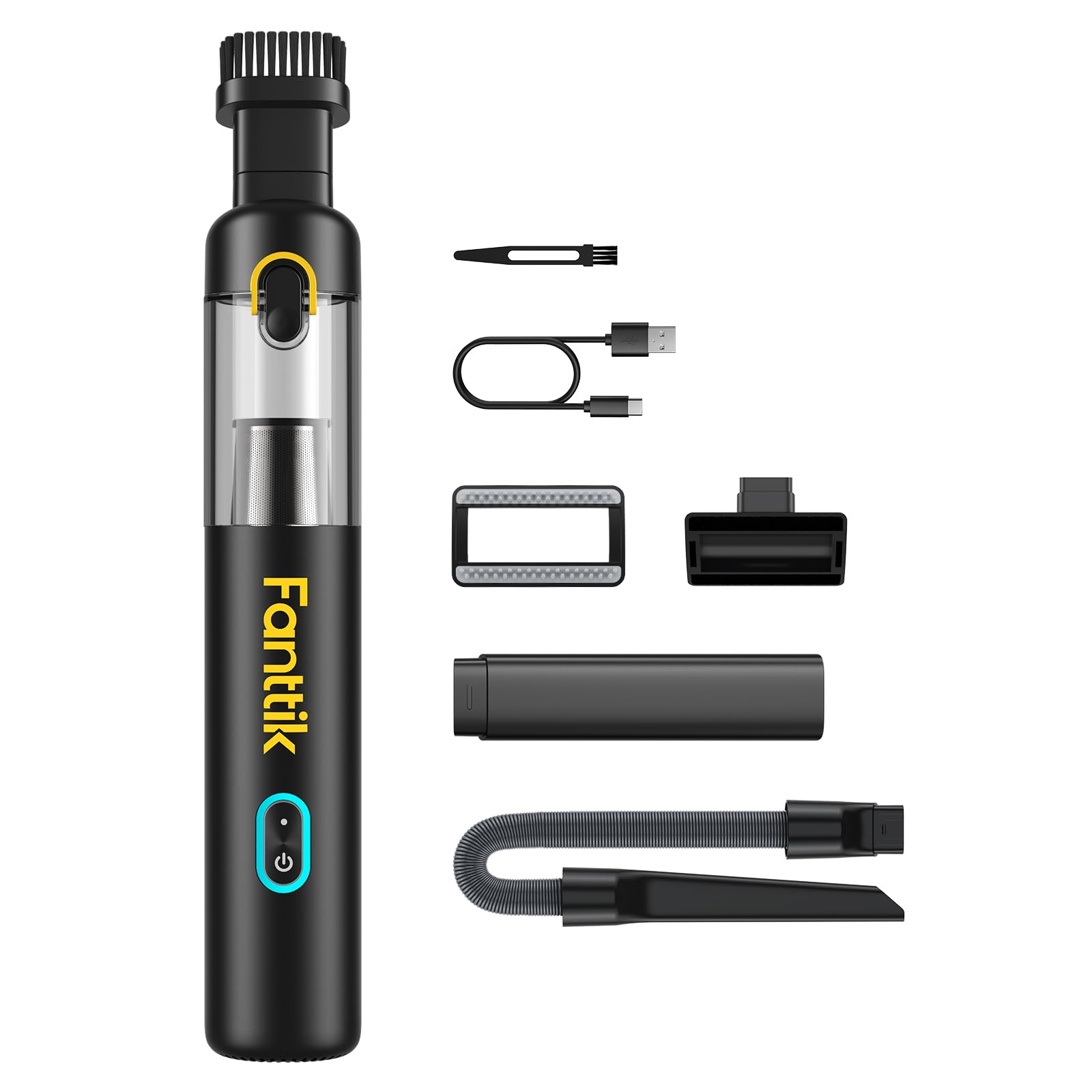 Fanttik Slim V8 Mate Cordless Car Vacuum Cleaner - 12000Pa Strong Suction, Portable Mini Vacuum with Flexible Hose & Pet Hair Brush, USB-C Rechargeable - Perfect for Car Cleaning, Office Desks, Keyboards, Pet Hair Removal (Black)