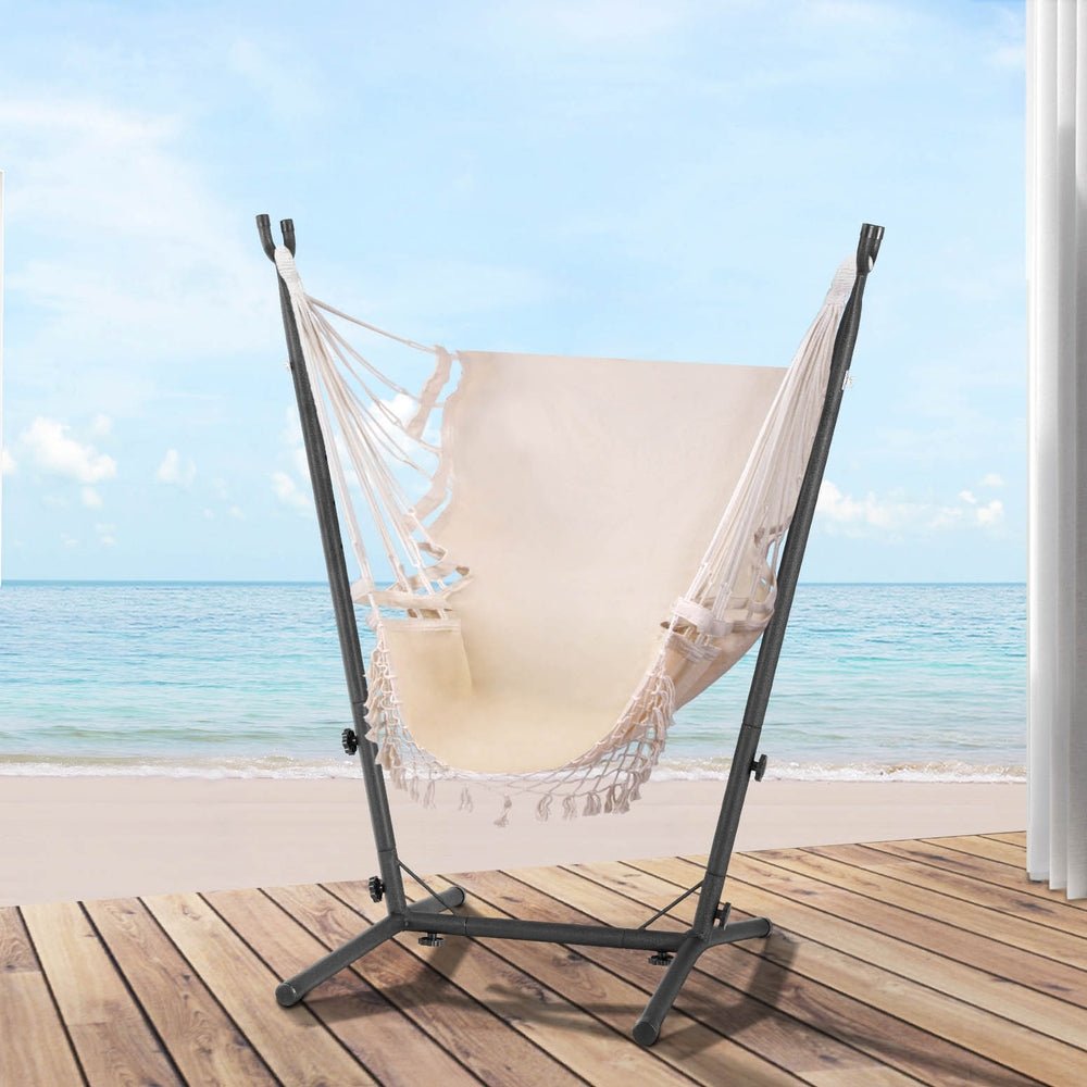 Comfortable Hammock Chair with Stand for Outdoor Camping, Backyard Relaxation & Patio Lounging - Cream Color Hanging Swing Seat