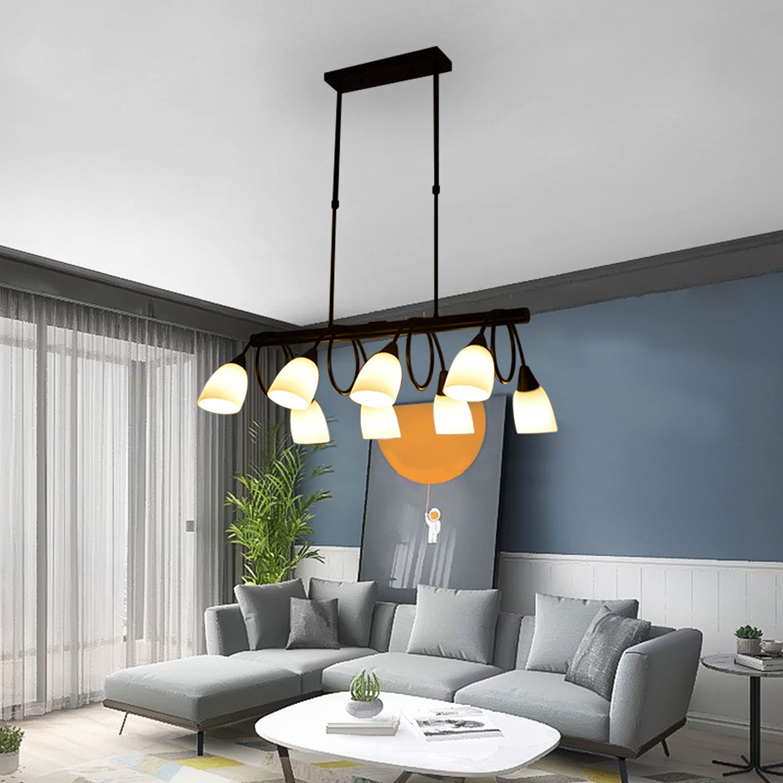 TFCFL 8-Light Industrial Pendant Light - Adjustable Height Black Pool Table Lighting with Glass Shade (E268) - Perfect for Dining Room, Kitchen Island, Living Room & Game Room Decor