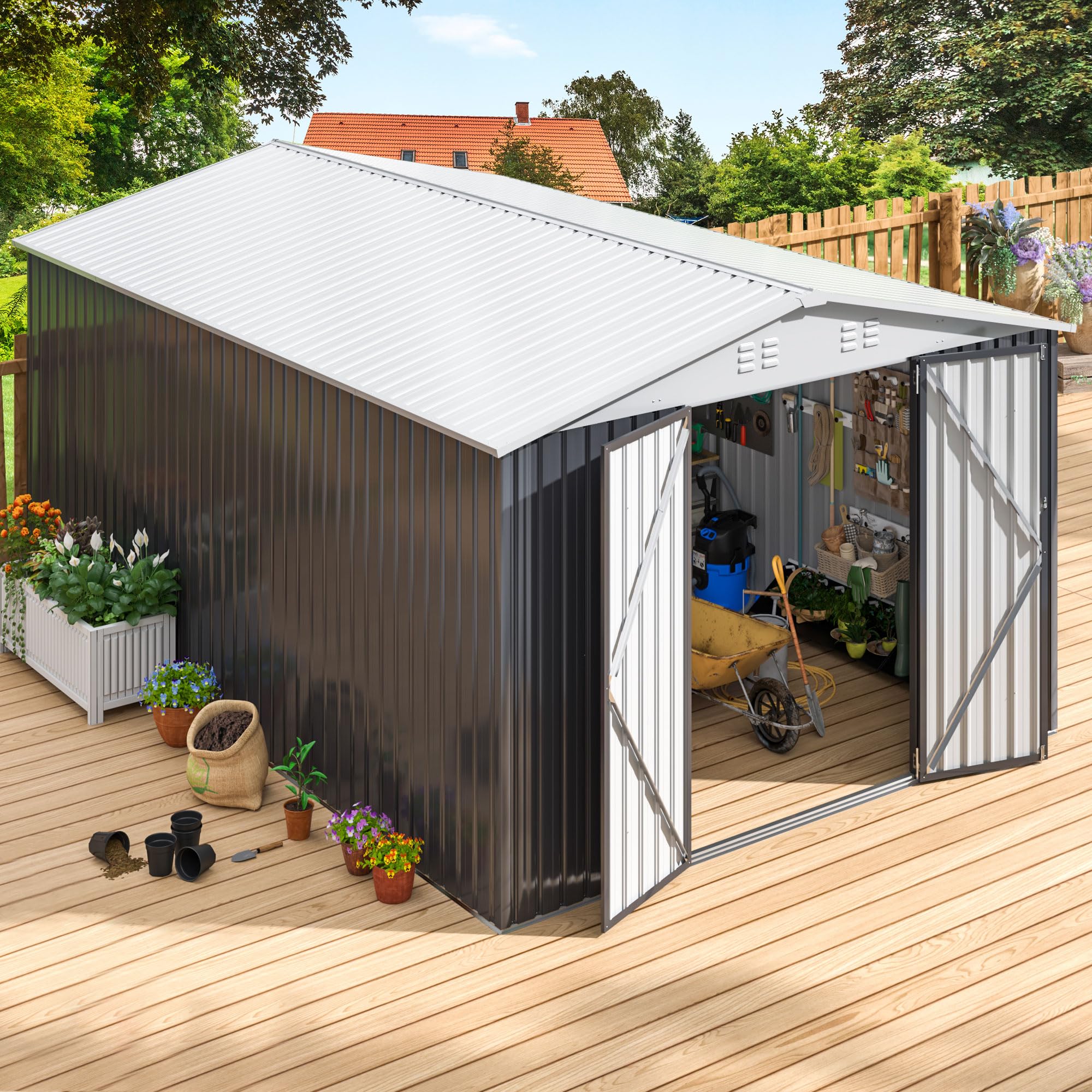 Polar Aurora 10x14 FT Outdoor Storage Shed - Heavy Duty Metal Garden Shed with Reinforced Frame Structure - Weather Resistant Tool Shed for Backyard, Garden, Patio & Lawn (White) - Perfect for Storing Lawn Mowers, Gardening Tools & Outdoor Equipment