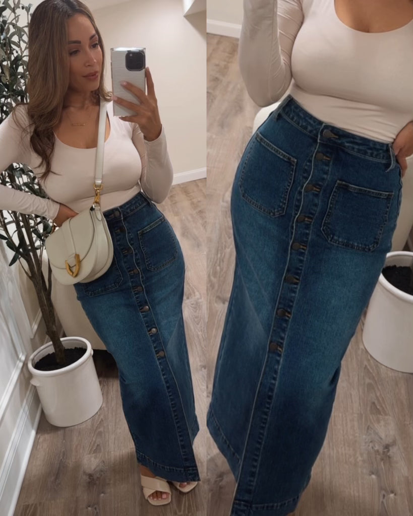 Stylish ON THE MOVE BUTTON DOWN DENIM SKIRT for Women - Trendy High Waist A-Line Denim Mini Skirt with Front Buttons - Perfect for Casual Outfits, Date Nights & Spring Summer Fashion