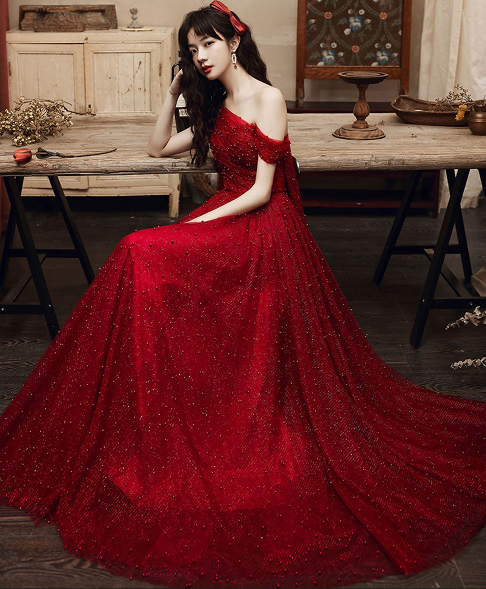 Elegant Burgundy One Shoulder Long Prom Dress for Women - Formal Evening Gown for Graduation, Homecoming & Special Occasions